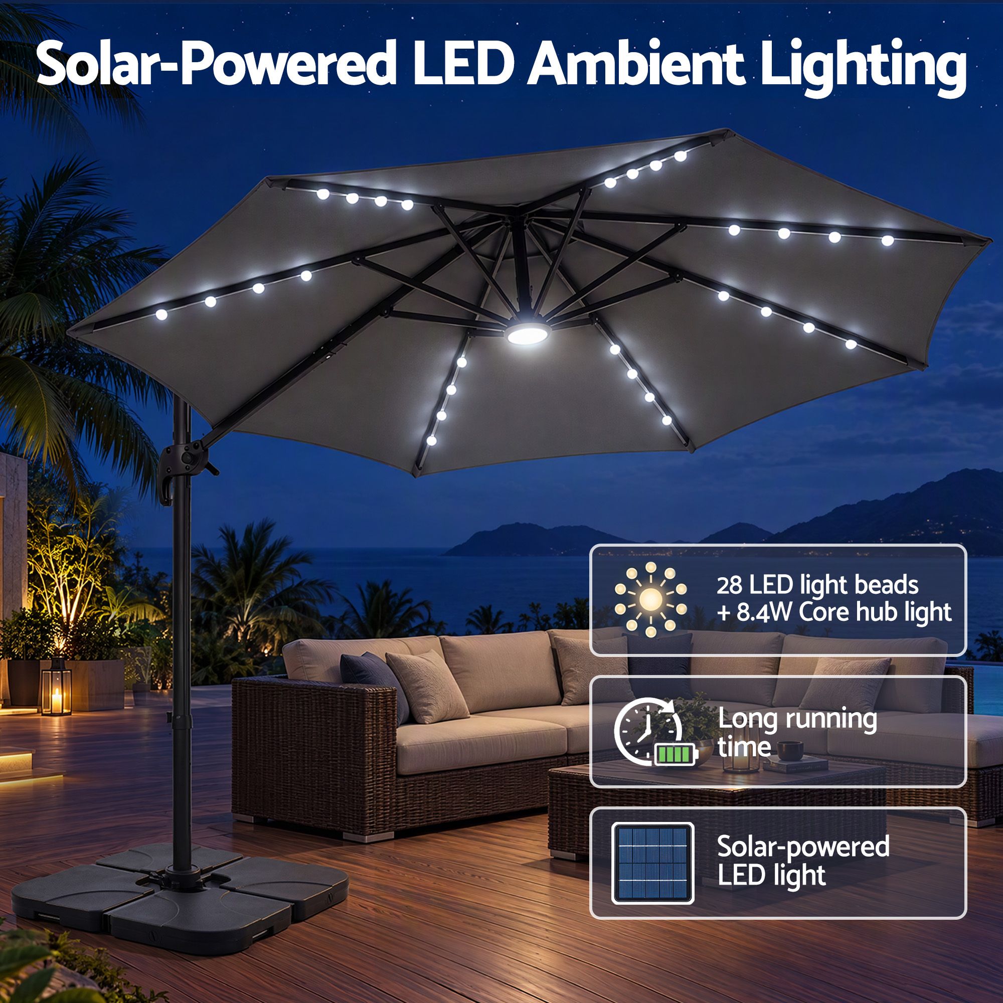 Instahut Outdoor Umbrella w/Base 3m Solar LED Offset Cantilever Patio Parasol Charcoal Bedworld
