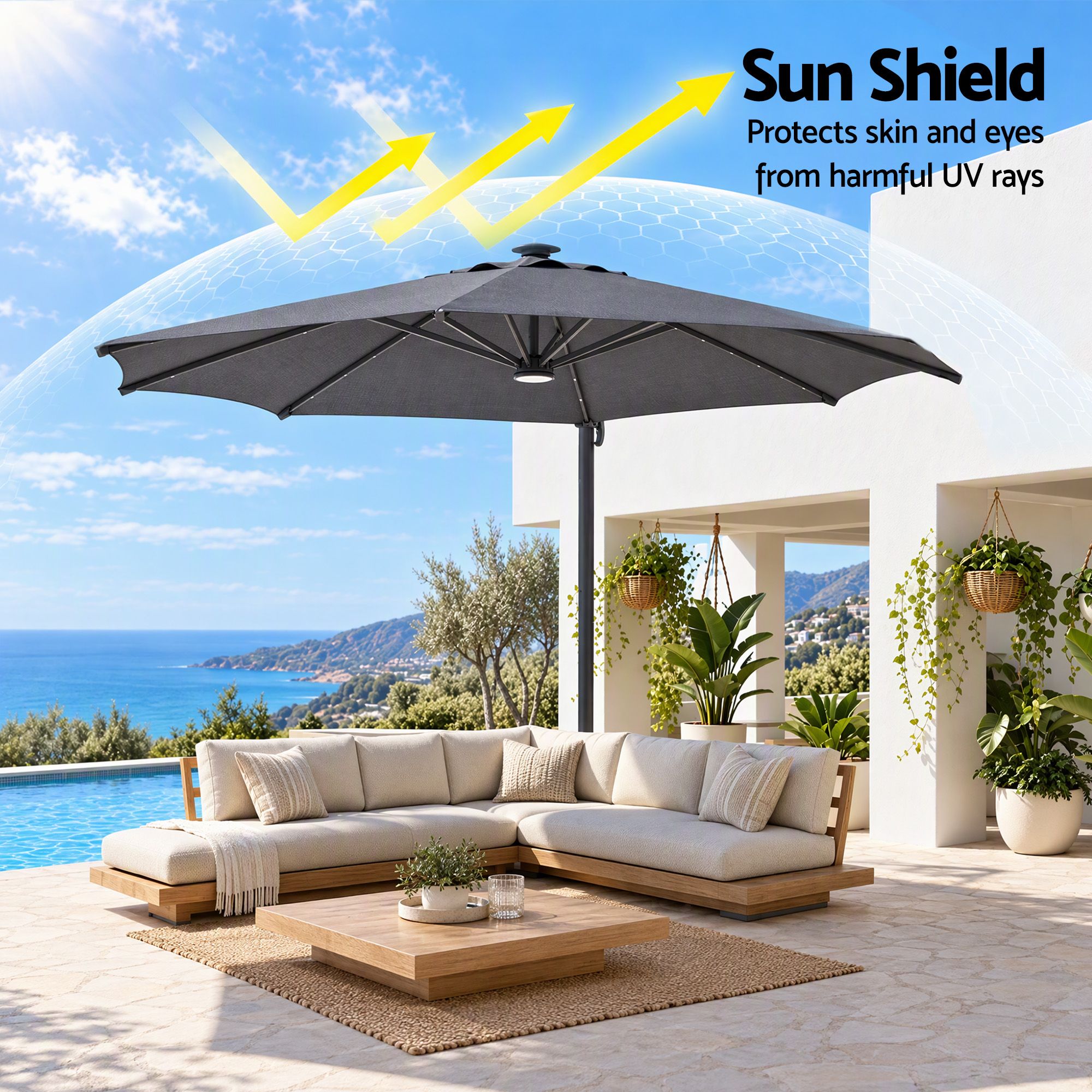 Instahut Outdoor Umbrella w/Base 3m Solar LED Offset Cantilever Patio Parasol Charcoal Bedworld