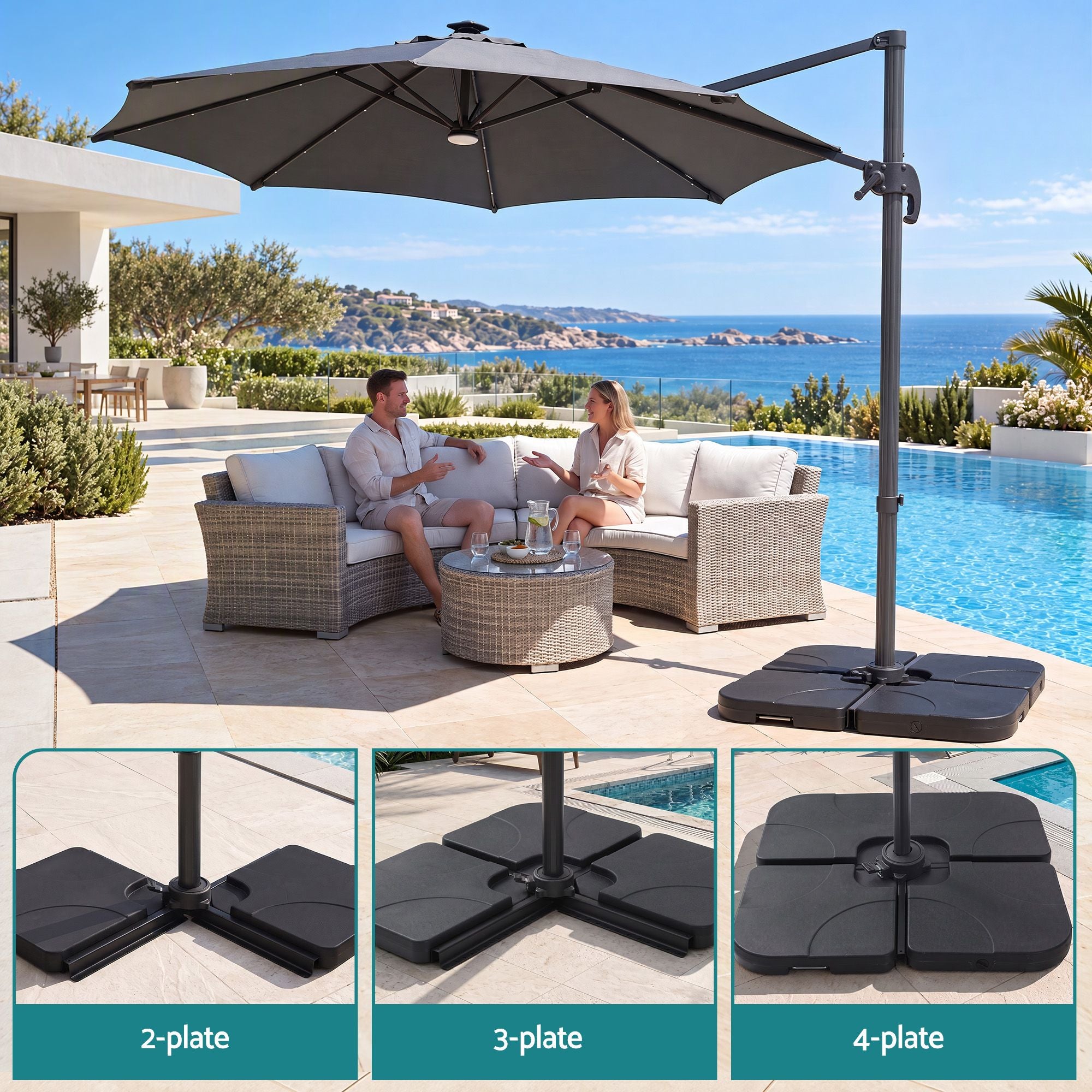 Instahut Outdoor Umbrella w/Base 3m Solar LED Offset Cantilever Patio Parasol Charcoal Bedworld