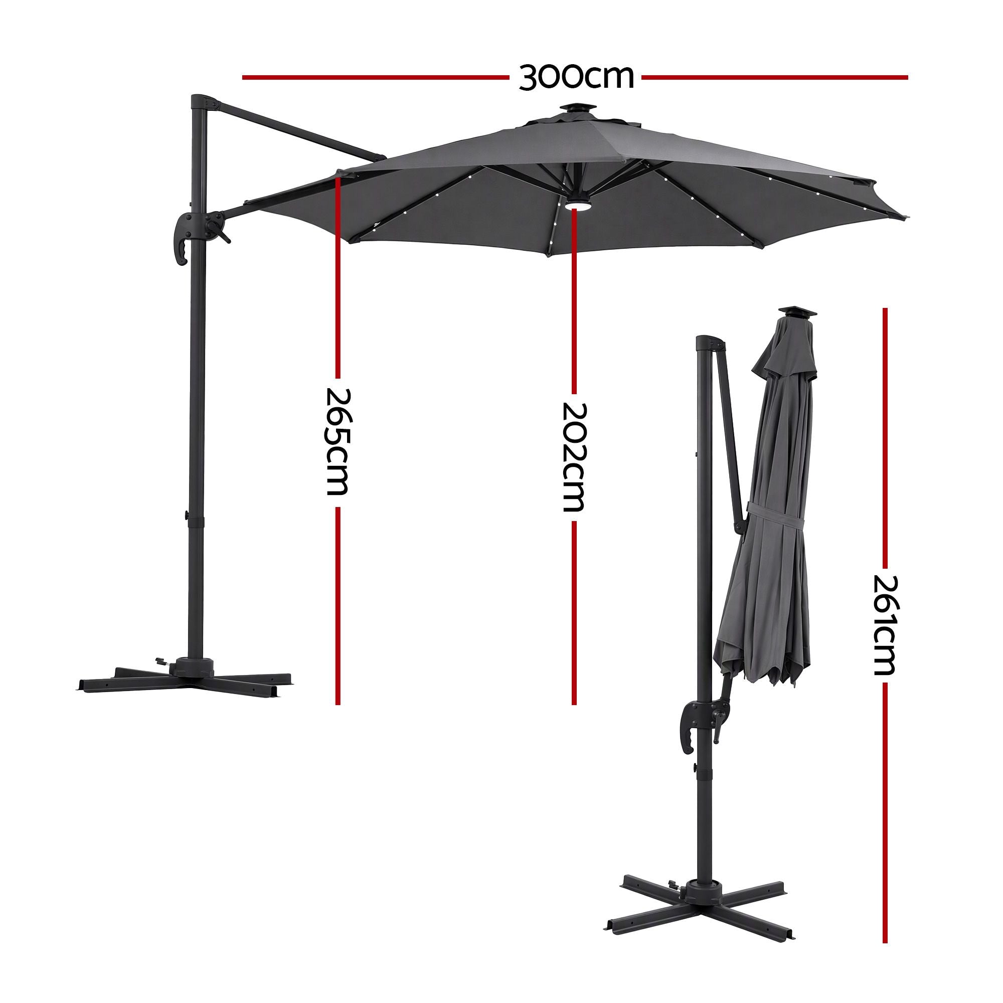 Instahut Outdoor Umbrella 3m Solar LED Offset Cantilever Patio Parasol Charcoal Bedworld