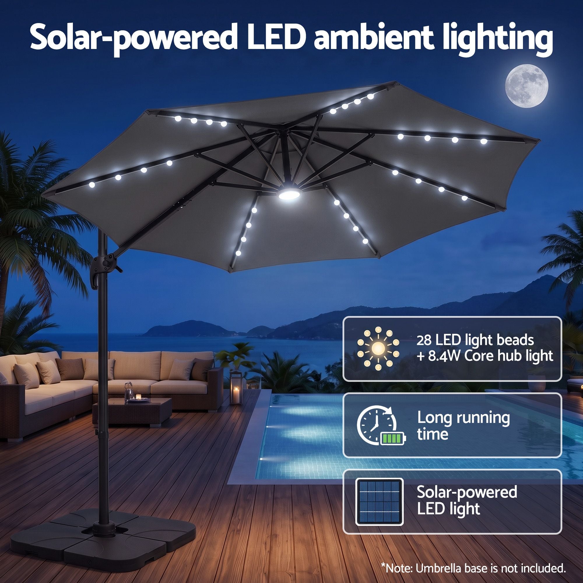 Instahut Outdoor Umbrella 3m Solar LED Offset Cantilever Patio Parasol Charcoal Bedworld
