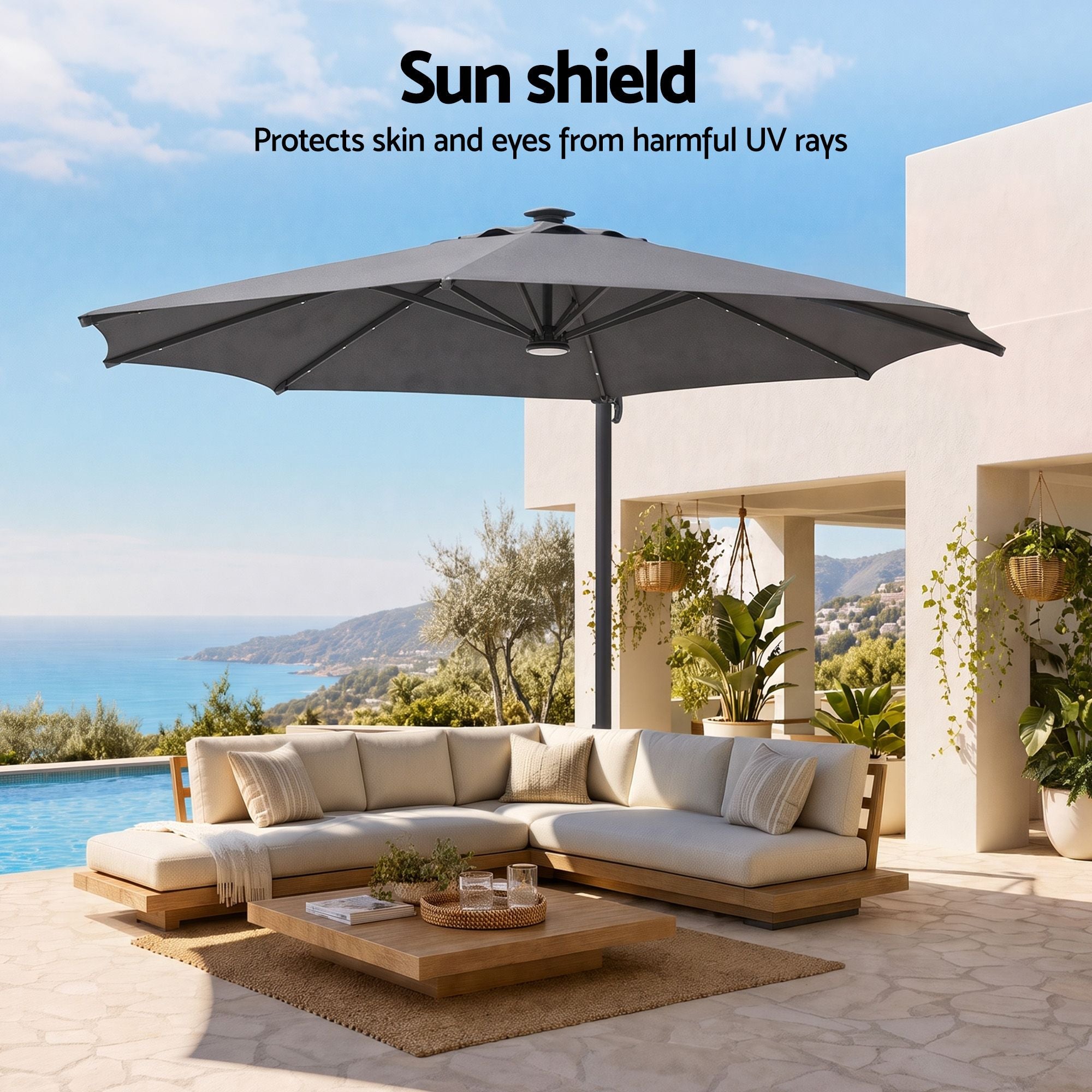 Instahut Outdoor Umbrella 3m Solar LED Offset Cantilever Patio Parasol Charcoal Bedworld