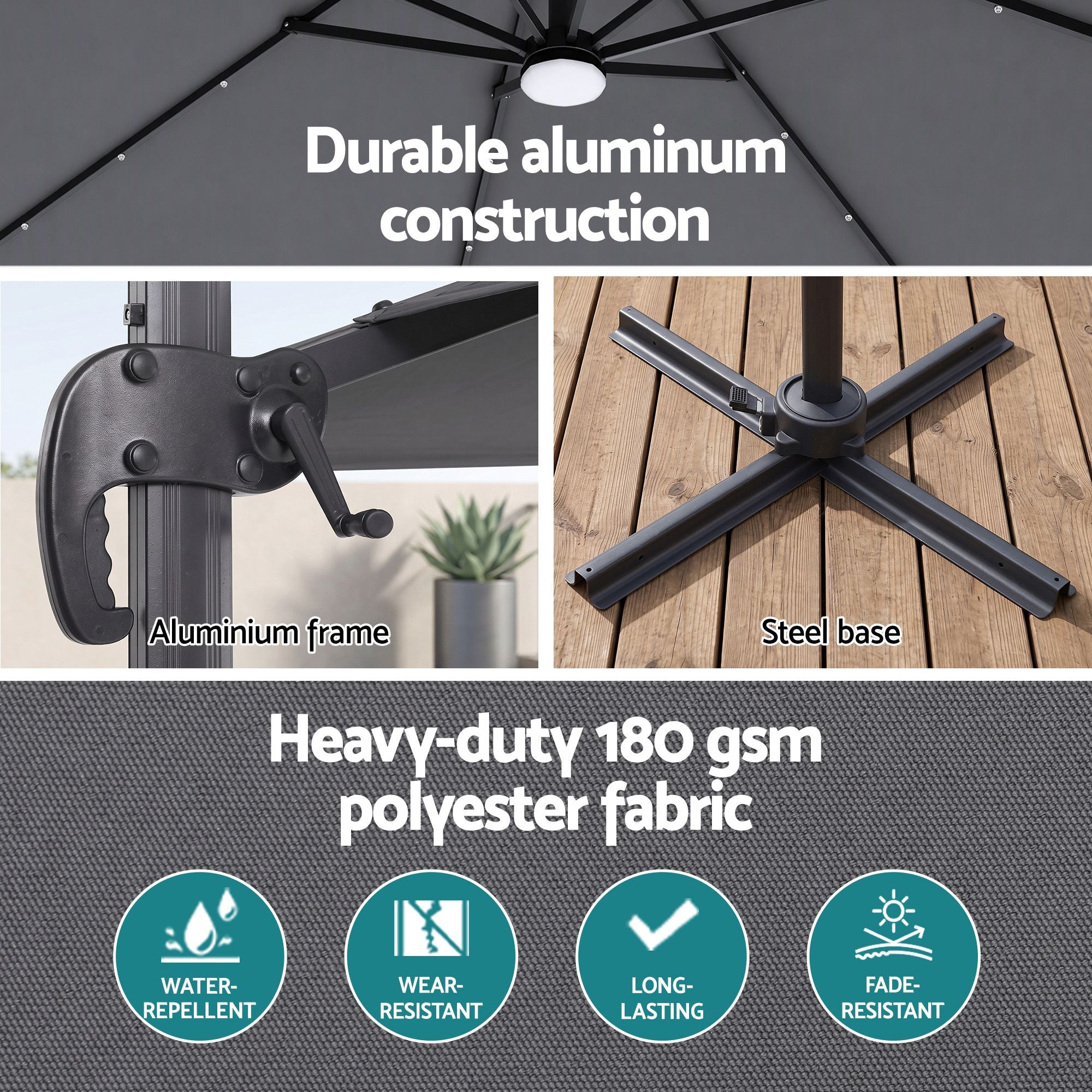 Instahut Outdoor Umbrella 3m Solar LED Offset Cantilever Patio Parasol Charcoal Bedworld