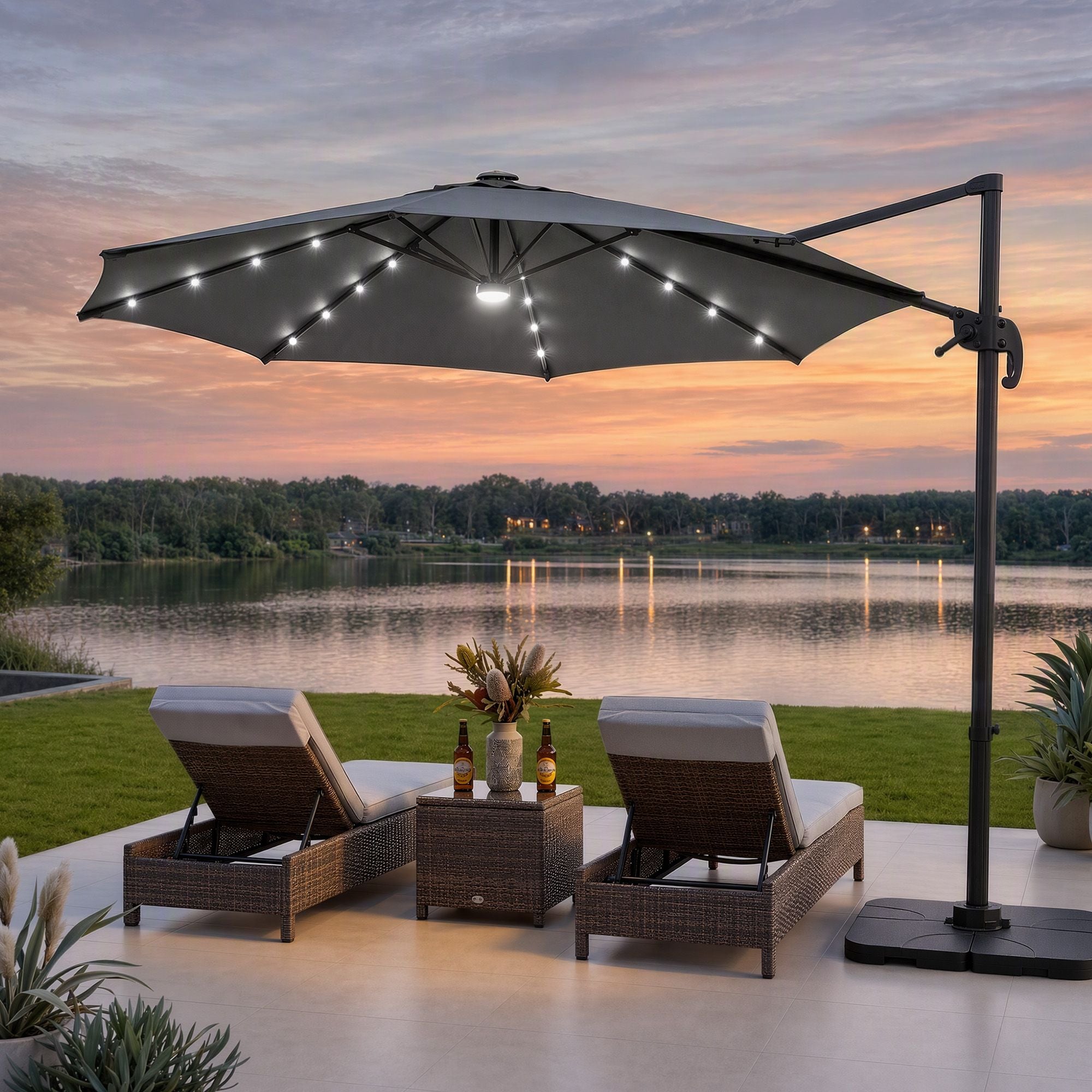 Instahut Outdoor Umbrella 3m Solar LED Offset Cantilever Patio Parasol Charcoal Bedworld