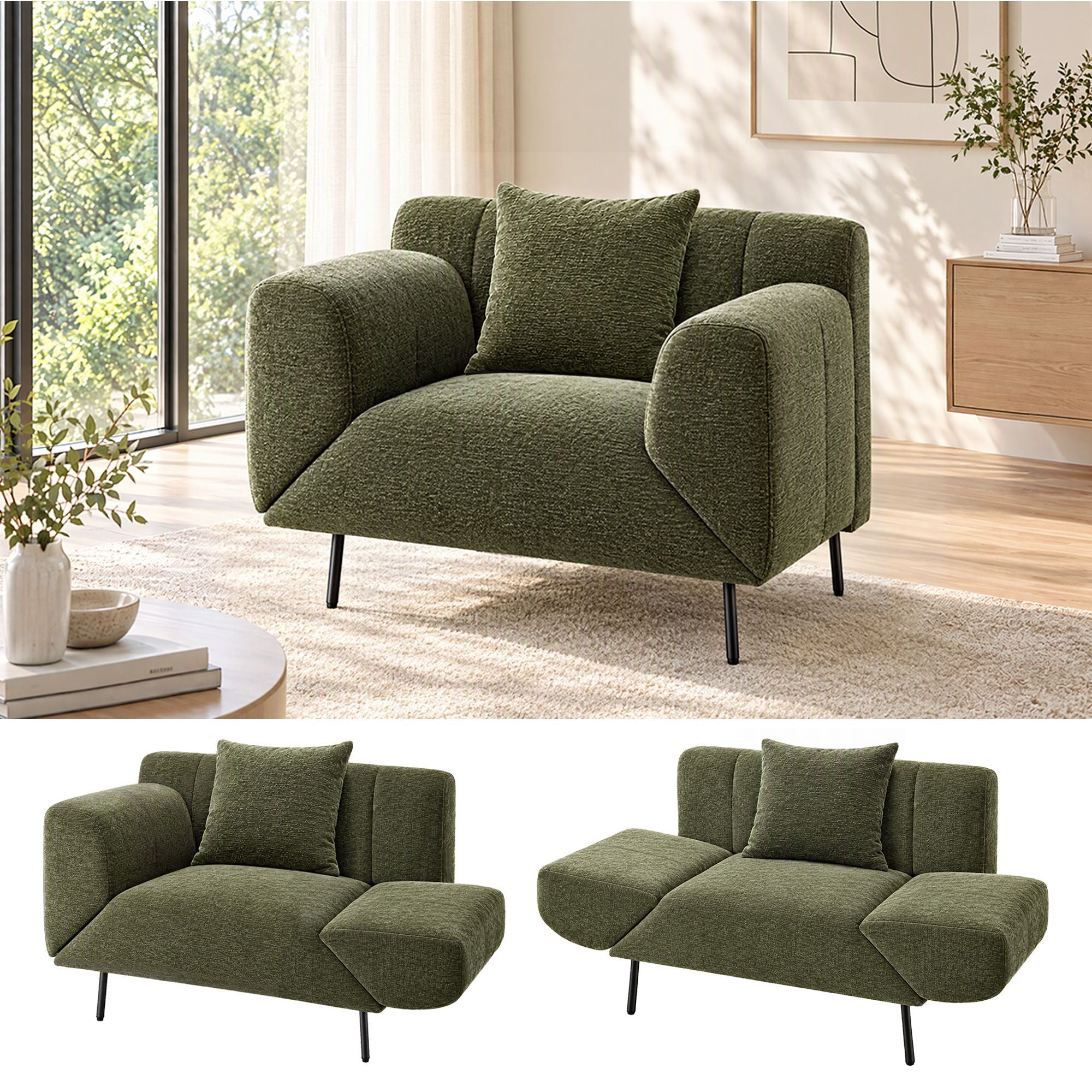 Artiss Armchair 3-in-1 Convertible Chenille Lounger and Daybed Green Bedworld