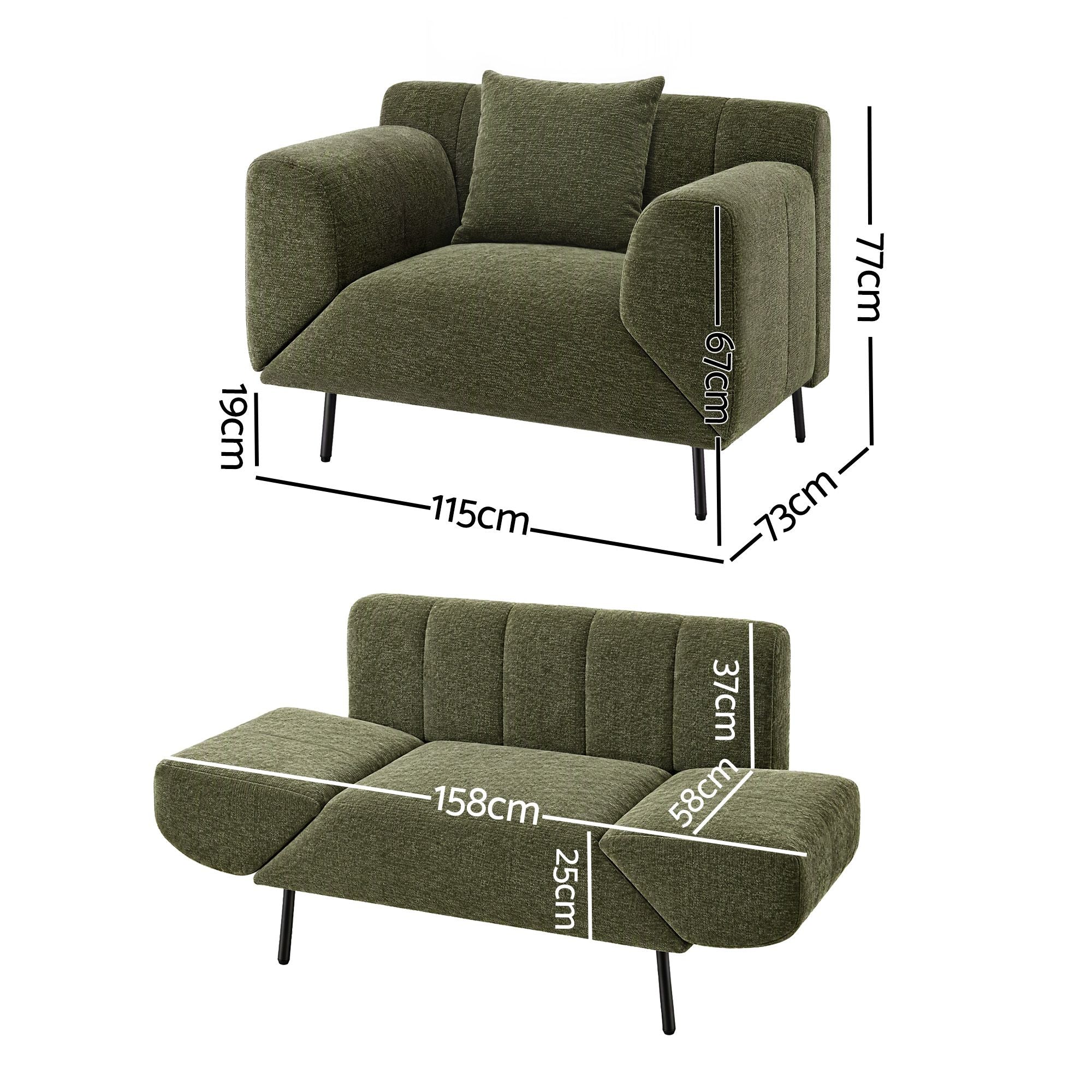 Artiss Armchair 3-in-1 Convertible Chenille Lounger and Daybed Green Bedworld
