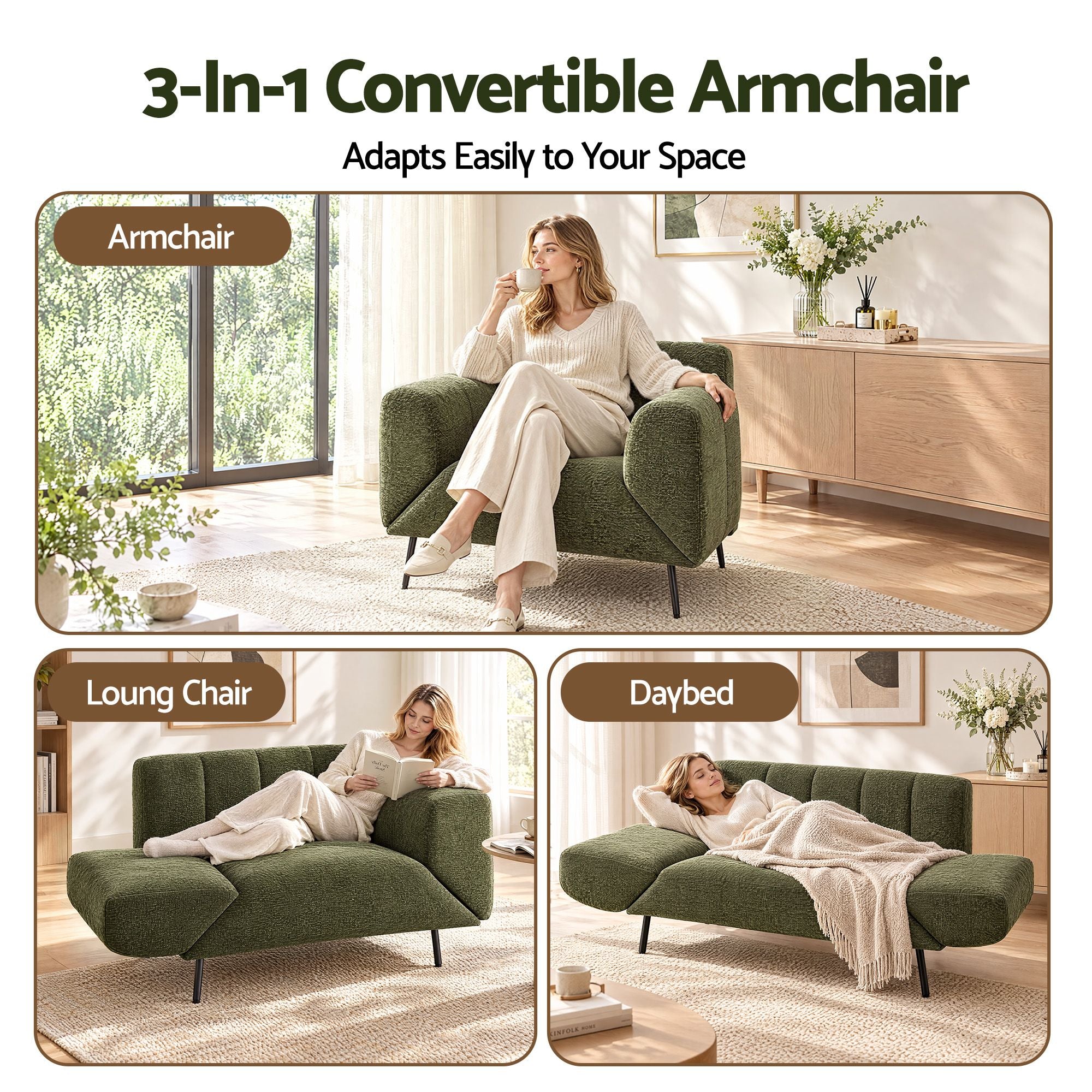 Artiss Armchair 3-in-1 Convertible Chenille Lounger and Daybed Green Bedworld