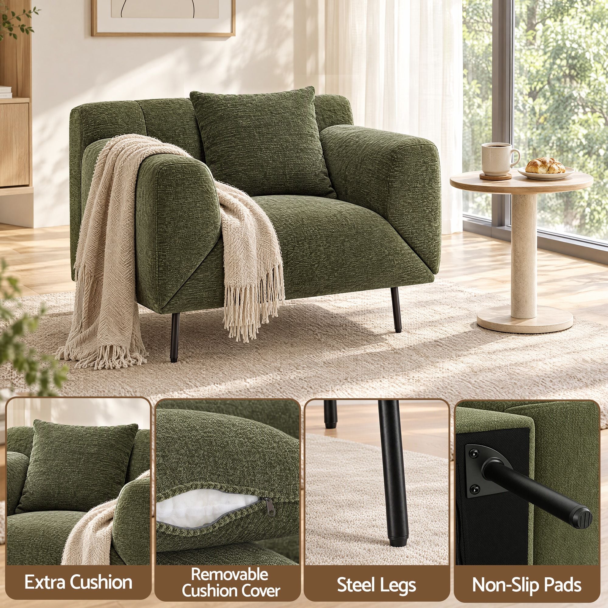 Artiss Armchair 3-in-1 Convertible Chenille Lounger and Daybed Green Bedworld