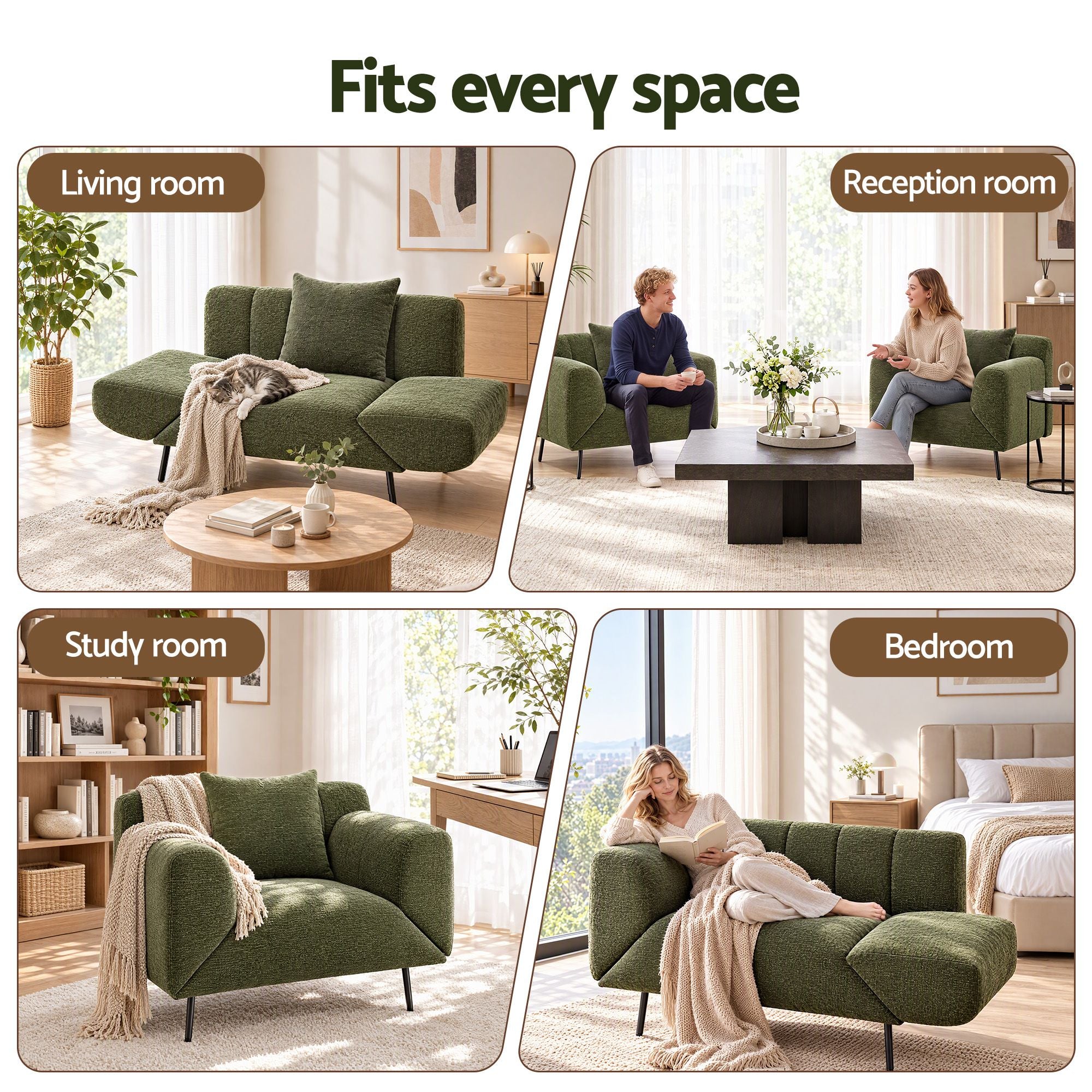 Artiss Armchair 3-in-1 Convertible Chenille Lounger and Daybed Green Bedworld