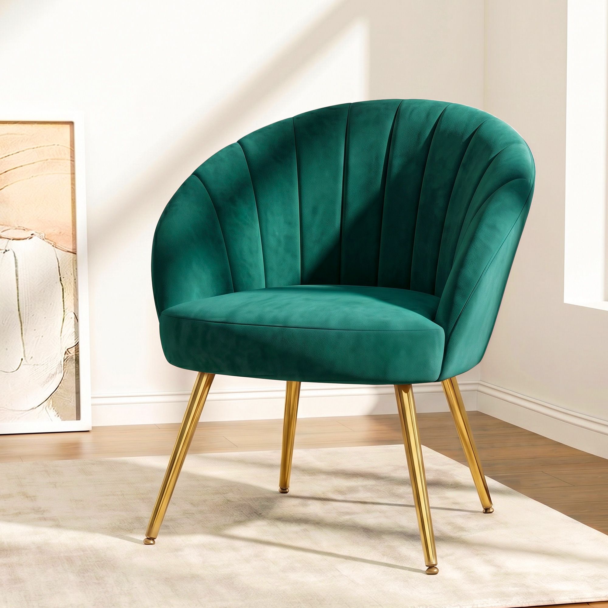 Green velvet armchair, curved back, padded seat, vertical tufting, gold metal legs