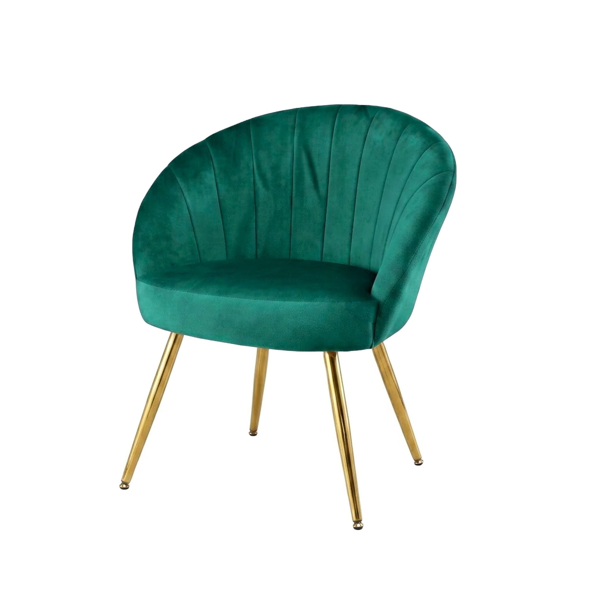 Green velvet armchair with rounded back and seat, vertical channeling, gold legs