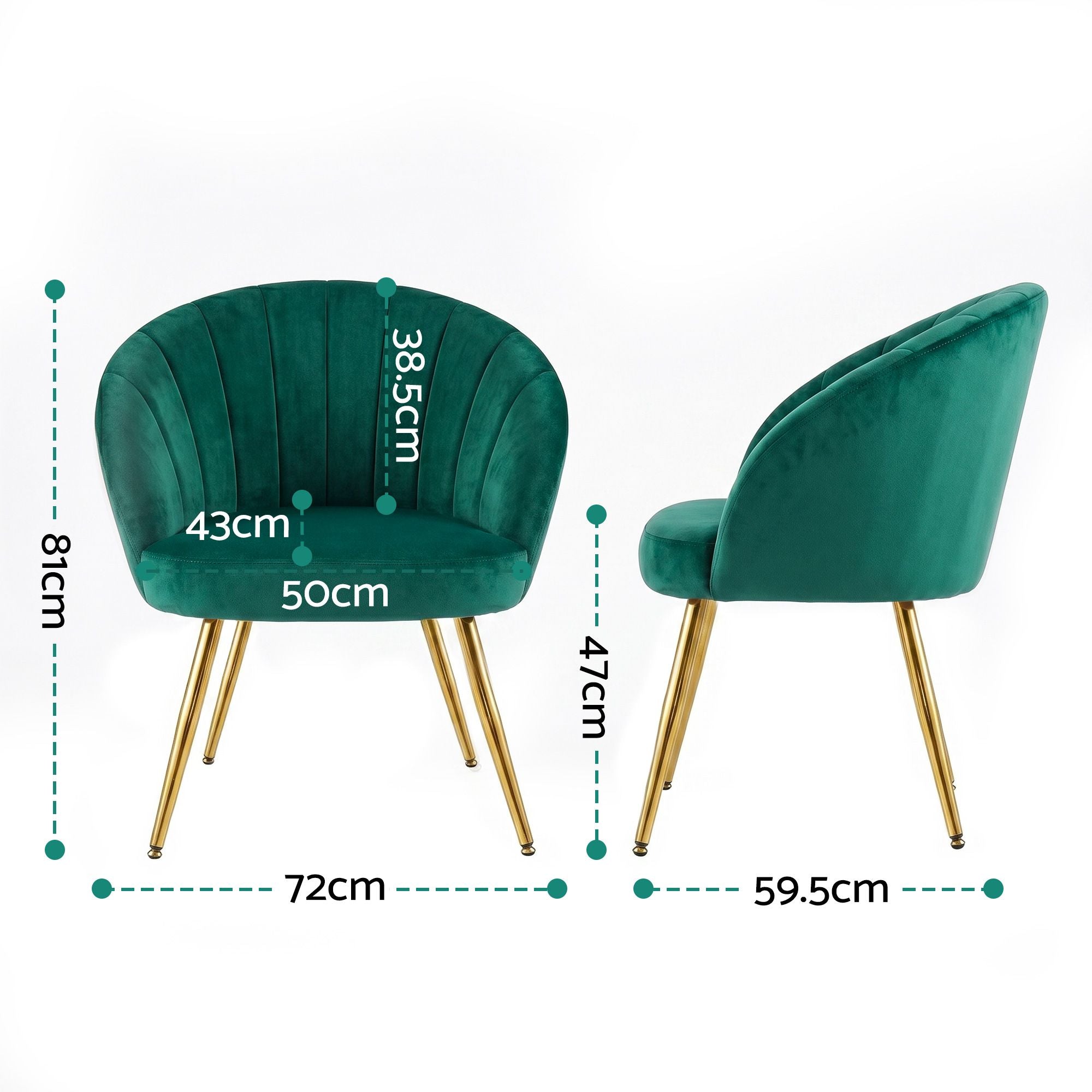 Green velvet armchair with curved back, padded seat, vertical channel tufting, gold legs