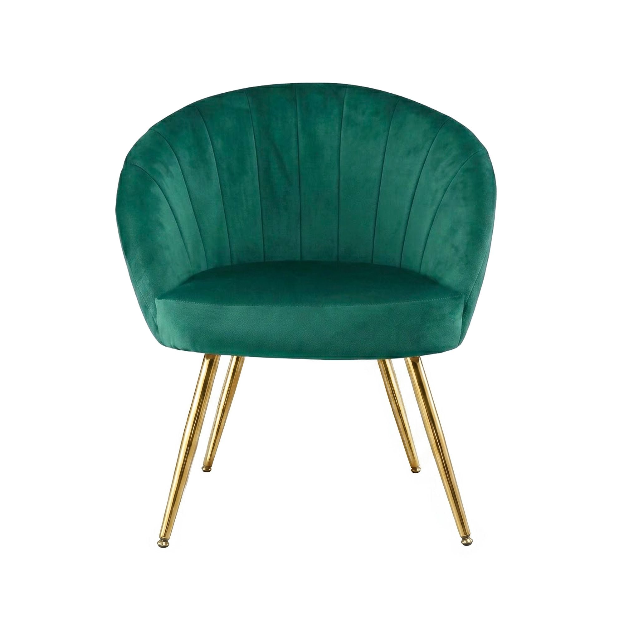 Green velvet armchair with curved back, padded seat, vertical channel tufting, gold legs