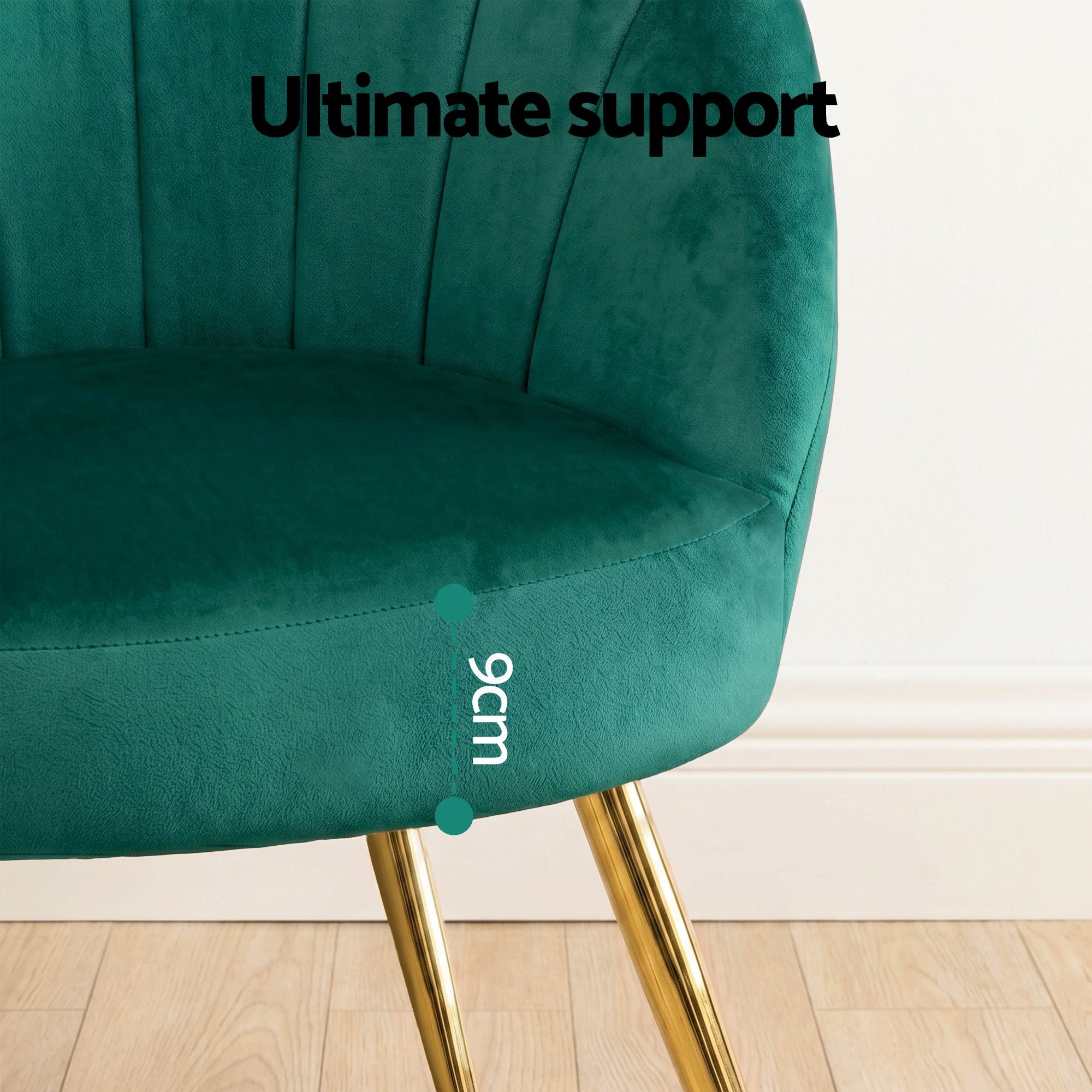 Green velvet armchair seat and armrest area, vertical channel tufting, gold legs