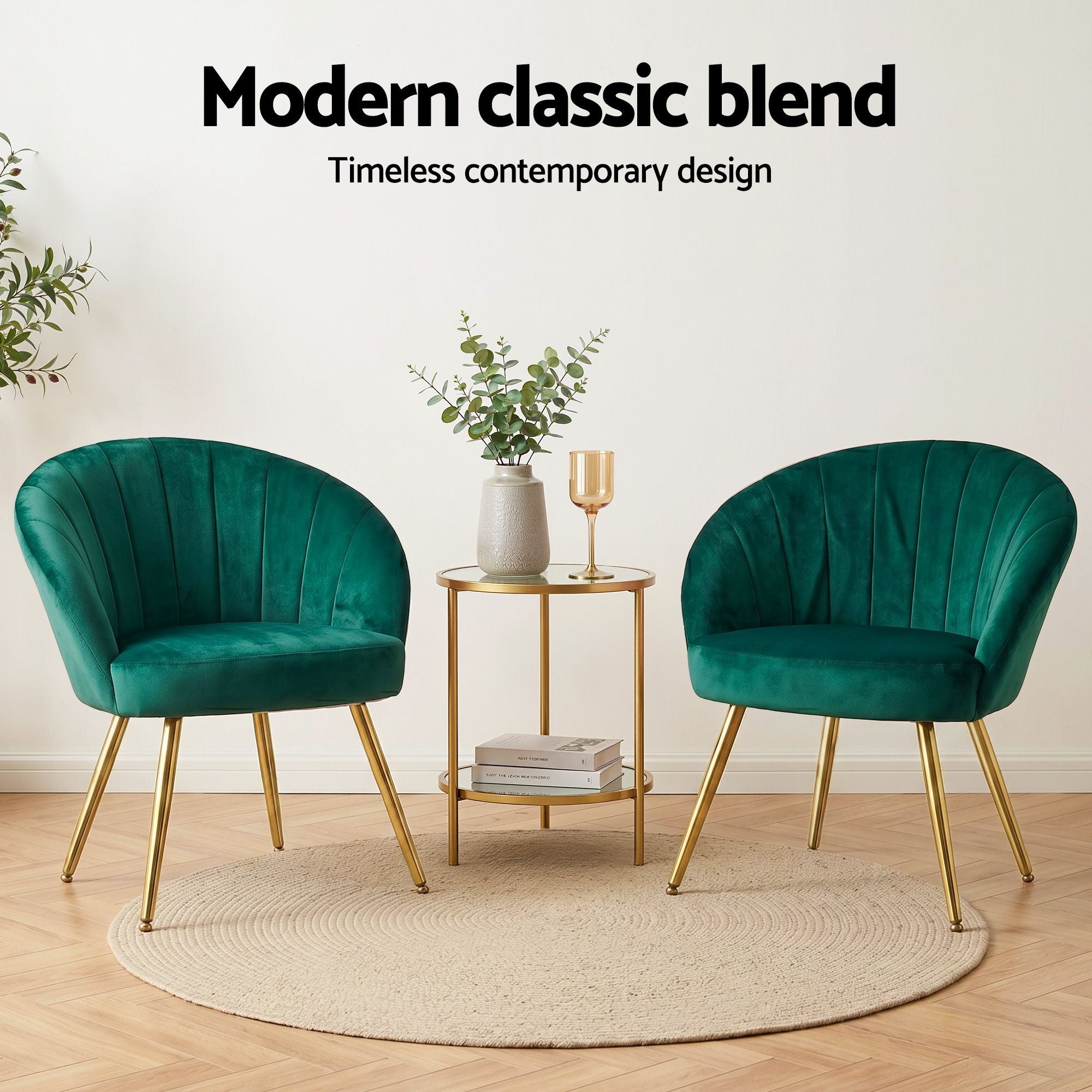 Green velvet armchair with curved back and padded seat, gold tapered legs