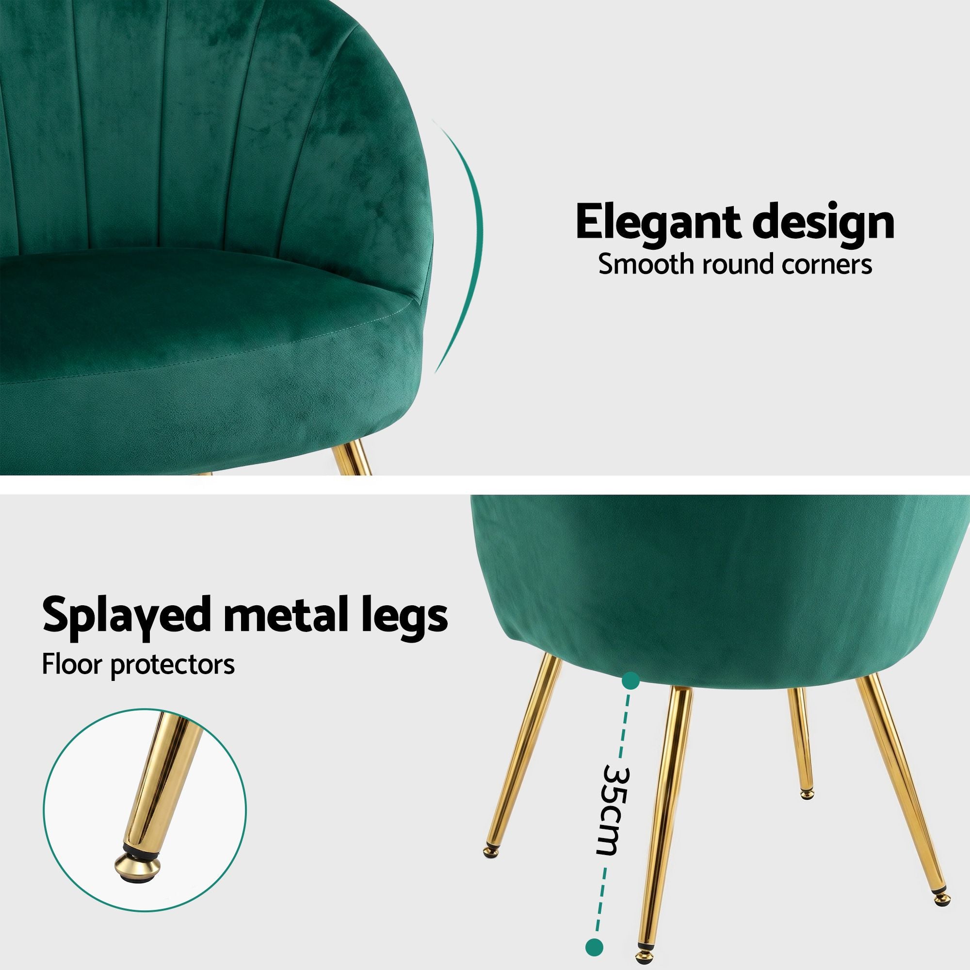 Green velvet armchair with rounded corners and gold tapered legs