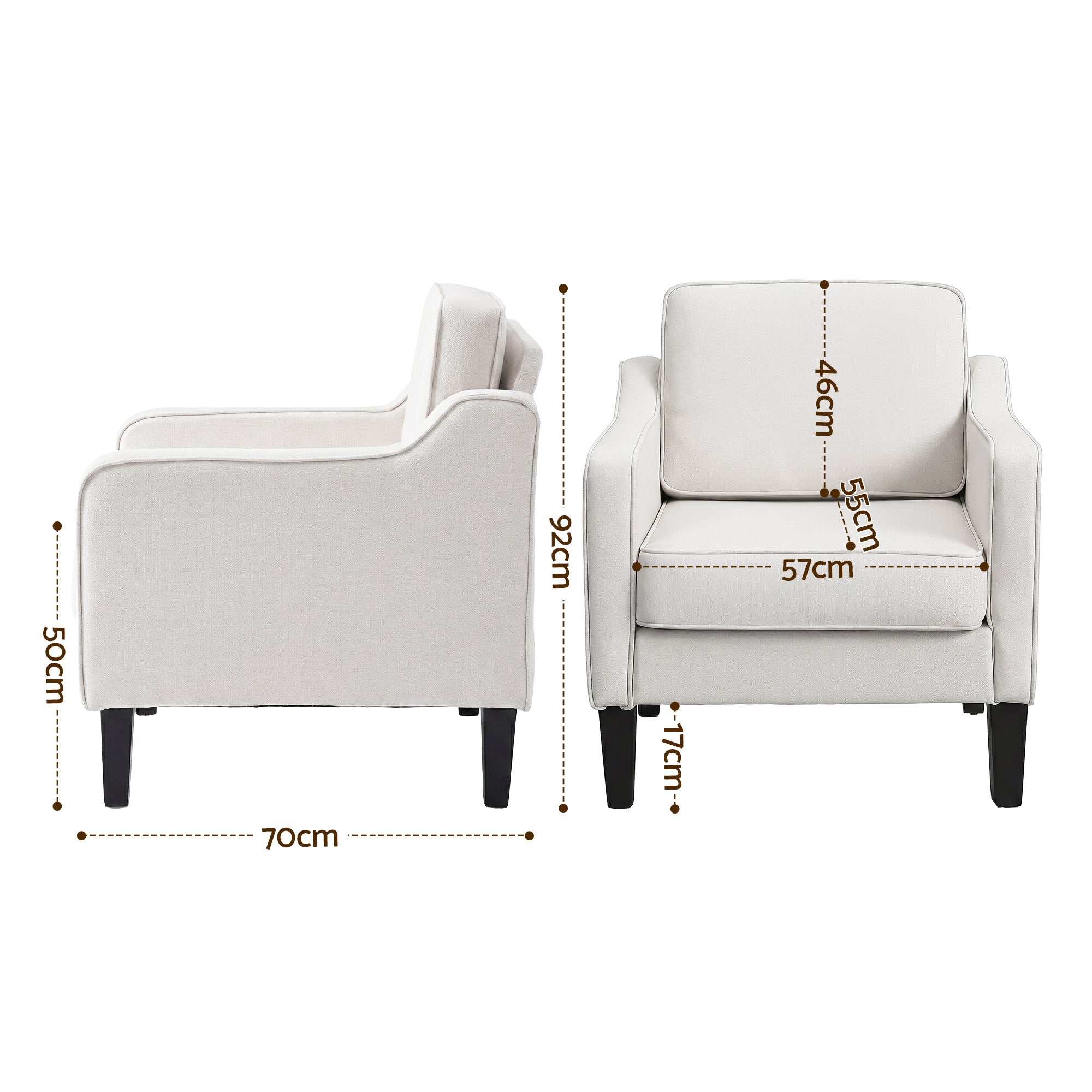Light beige upholstered lounge armchair with squared back, padded arms, and black legs