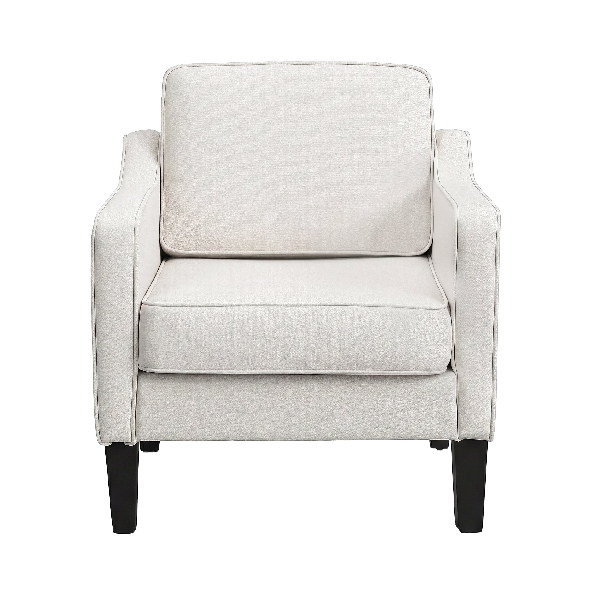 Light beige upholstered lounge armchair with cushioned backrest and seat, black legs