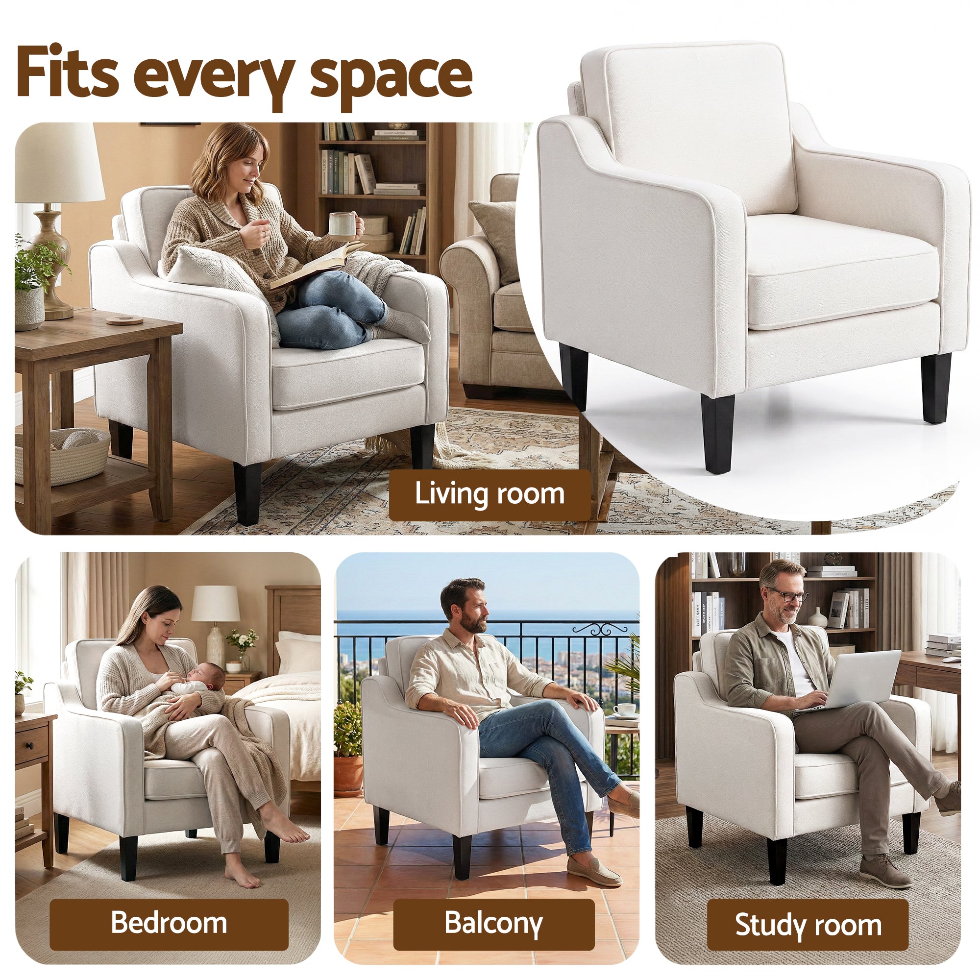 Light beige upholstered lounge armchair with wide arms and dark tapered wooden legs