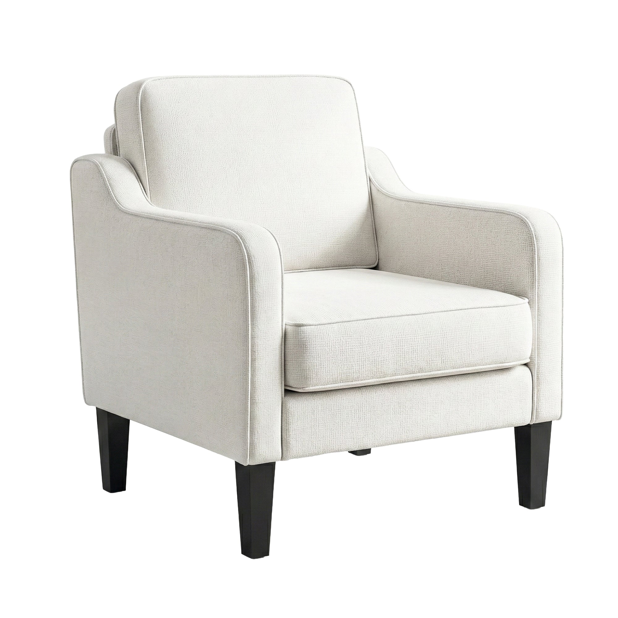 Light beige lounge accent chair with tall back, cushioned arms, and dark tapered legs