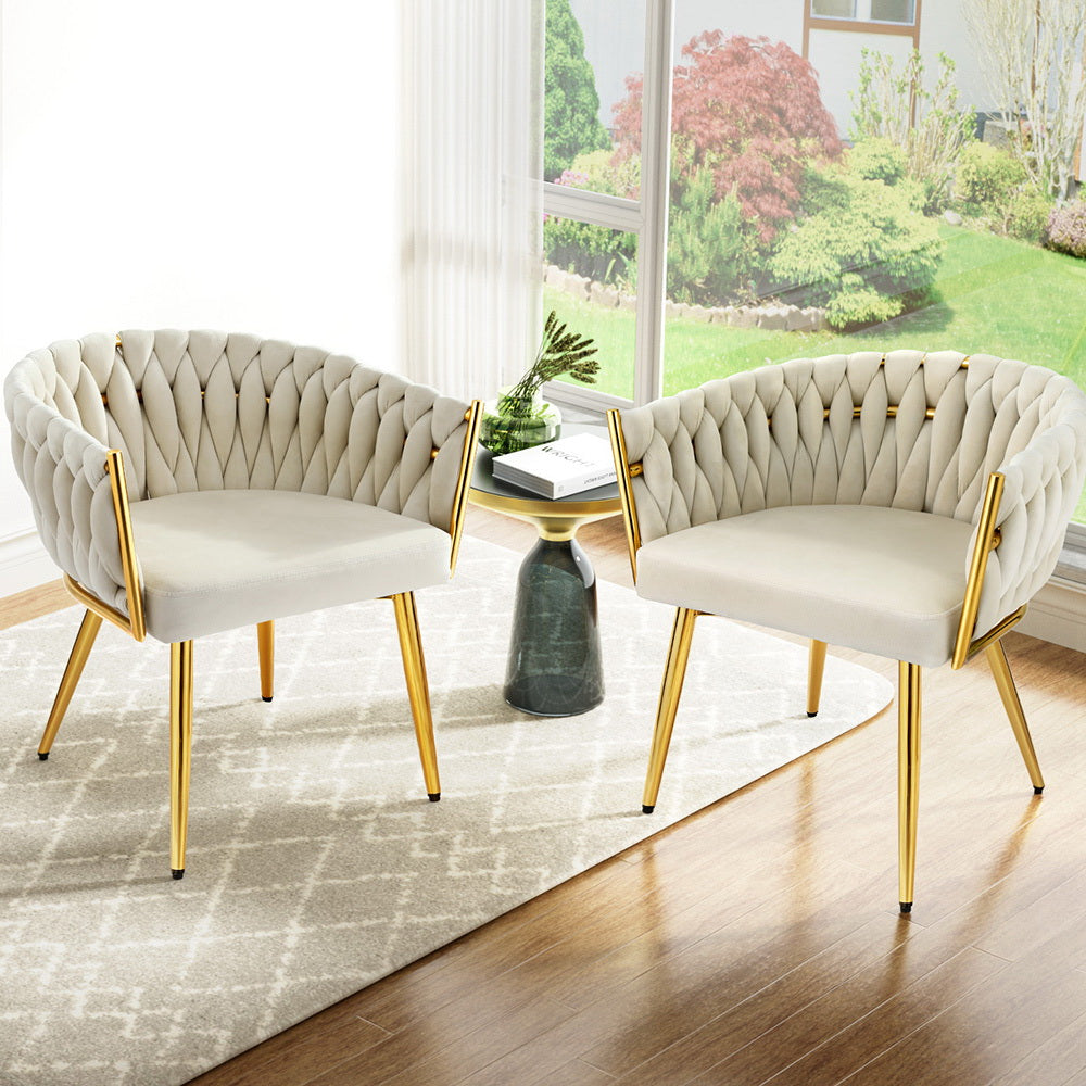 1 Set of 2 Artiss Dining Chairs Velvet Armchair Beige Bedworld
