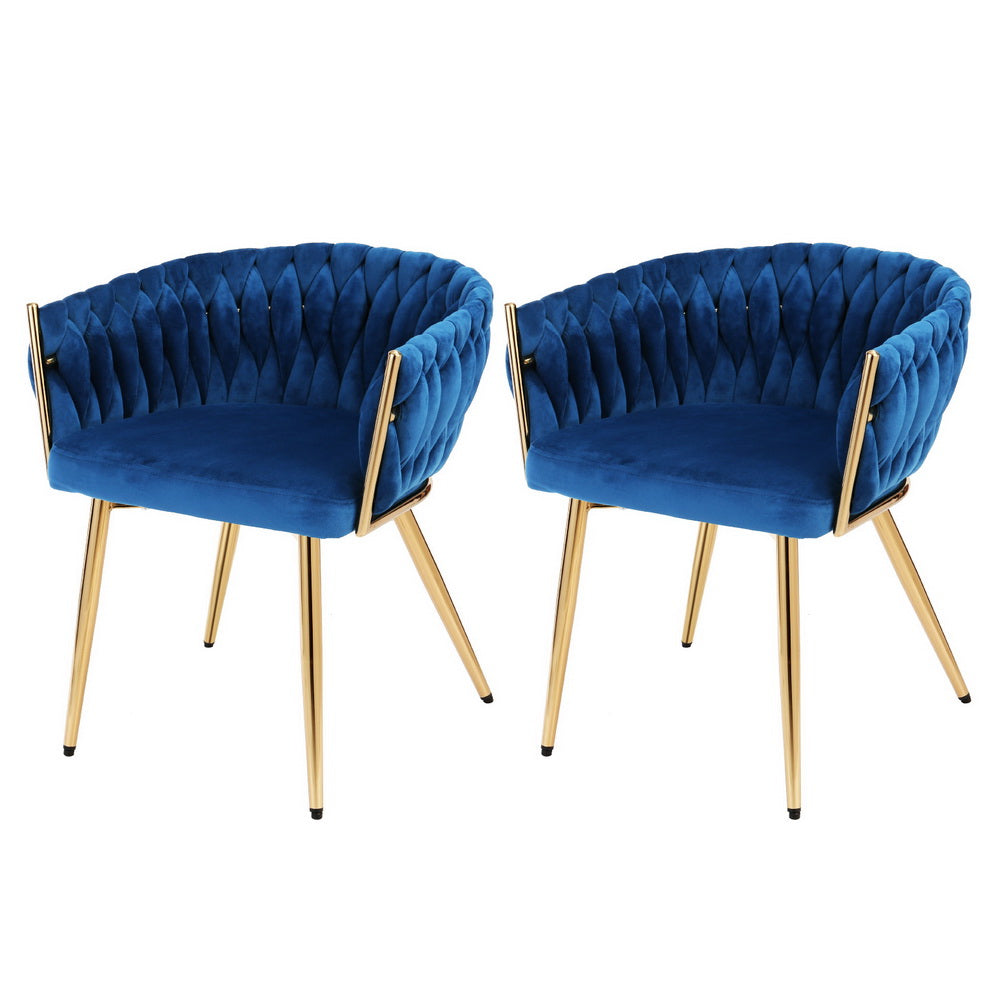 1 Set of 2 Artiss Dining Chairs Velvet Weaving Armchair Blue Bedworld