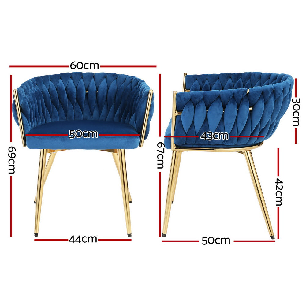 1 Set of 2 Artiss Dining Chairs Velvet Weaving Armchair Blue Bedworld