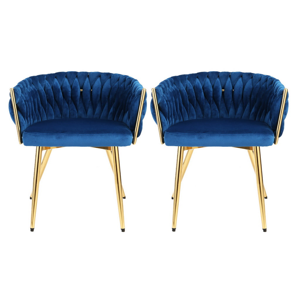 1 Set of 2 Artiss Dining Chairs Velvet Weaving Armchair Blue Bedworld