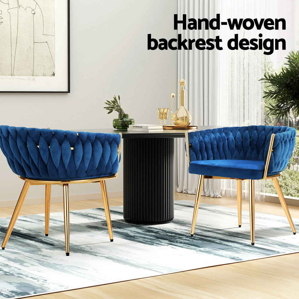 1 Set of 2 Artiss Dining Chairs Velvet Weaving Armchair Blue Bedworld