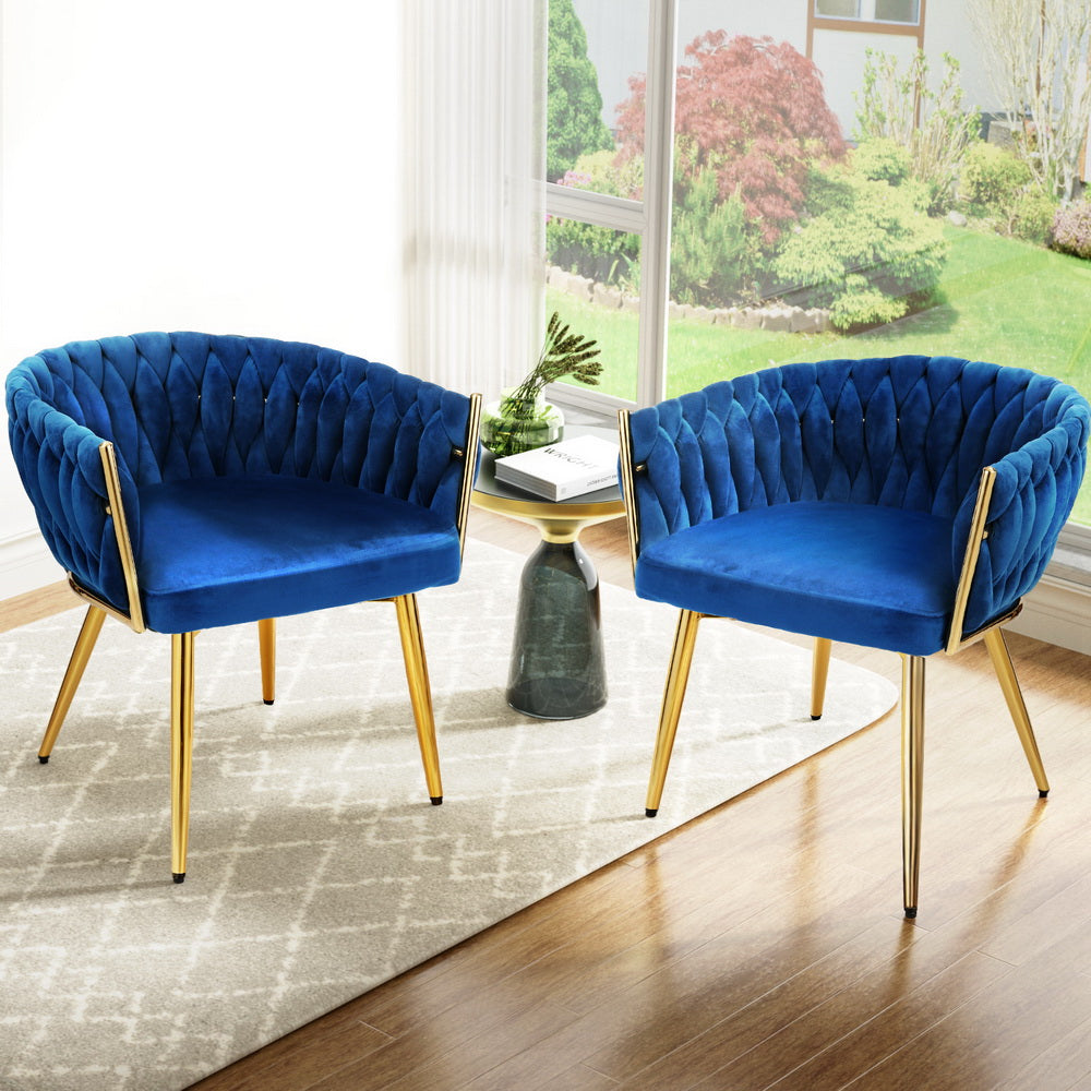 1 Set of 2 Artiss Dining Chairs Velvet Weaving Armchair Blue Bedworld
