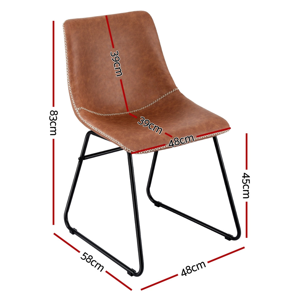 Brown PU dining chair with curved back and stitched seat, black sled legs