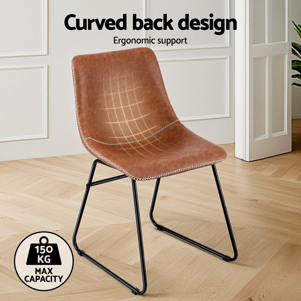 Brown PU dining chair with curved back, stitched trim, black sled legs