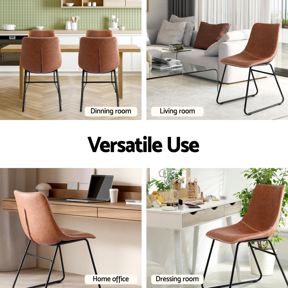Brown PU dining chairs shown with curved backs and stitched seats on black sled legs