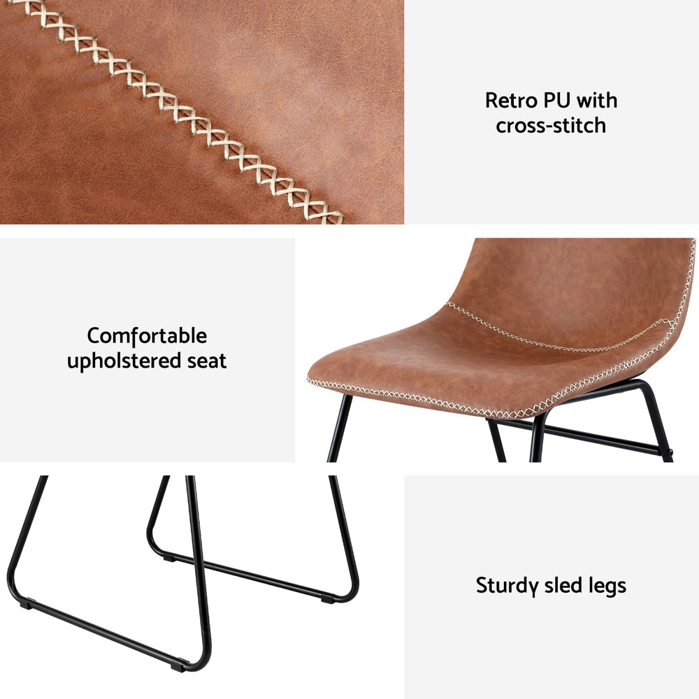 Brown PU chair seat with stitched edge and cross-stitch detail, black base legs