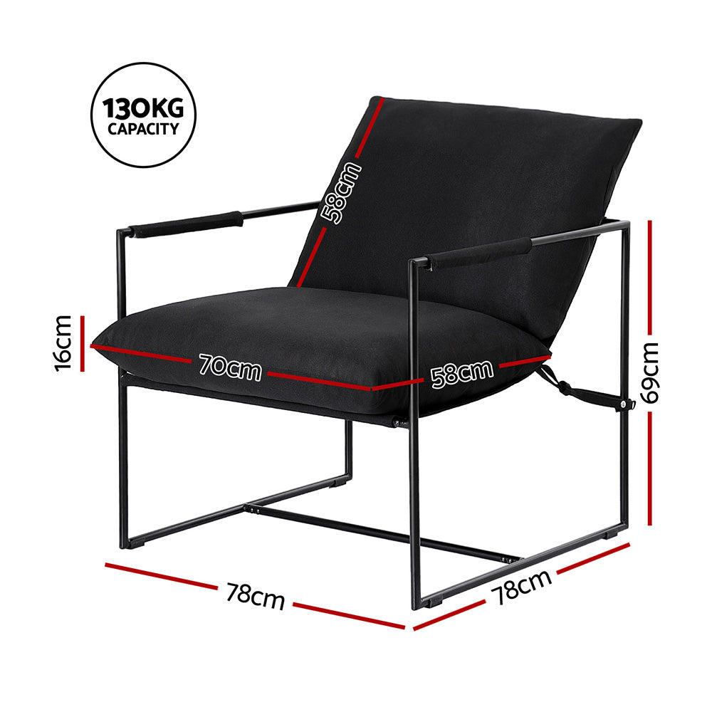 Black padded sling lounge chair with armrests and black metal frame