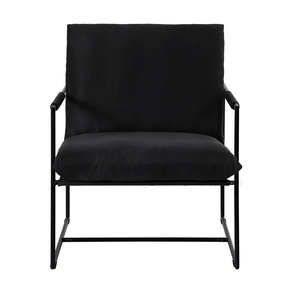 Black lounge armchair with thick padded back and seat on black metal frame