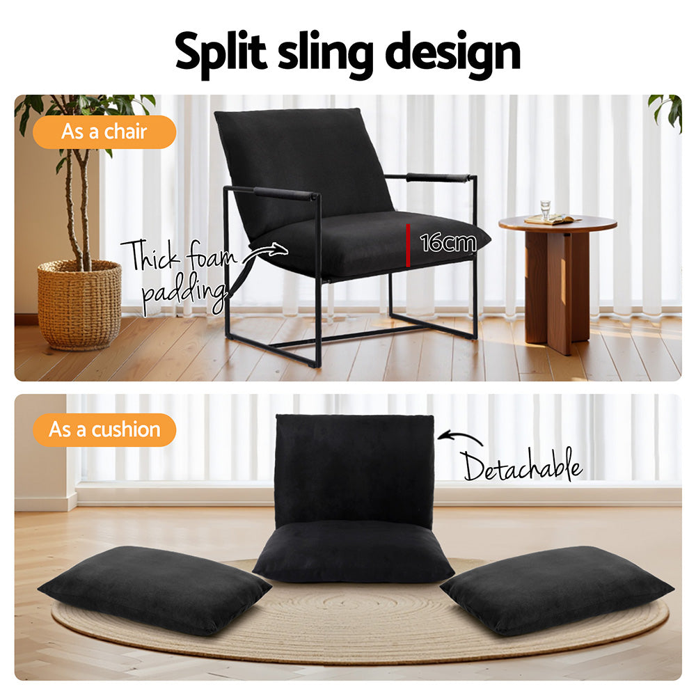 Black sling lounge chair with detachable seat and back cushions