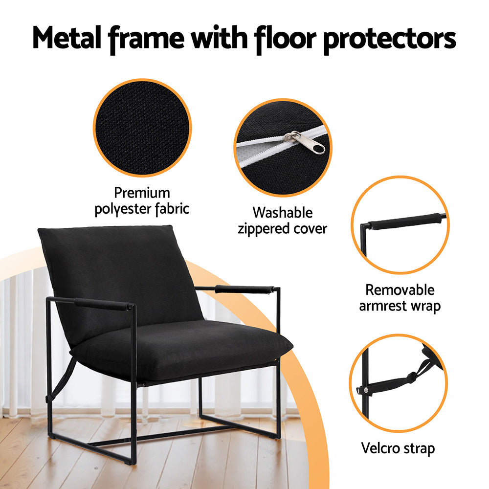Black lounge chair with removable armrest wrap, padded fabric seat, and metal frame
