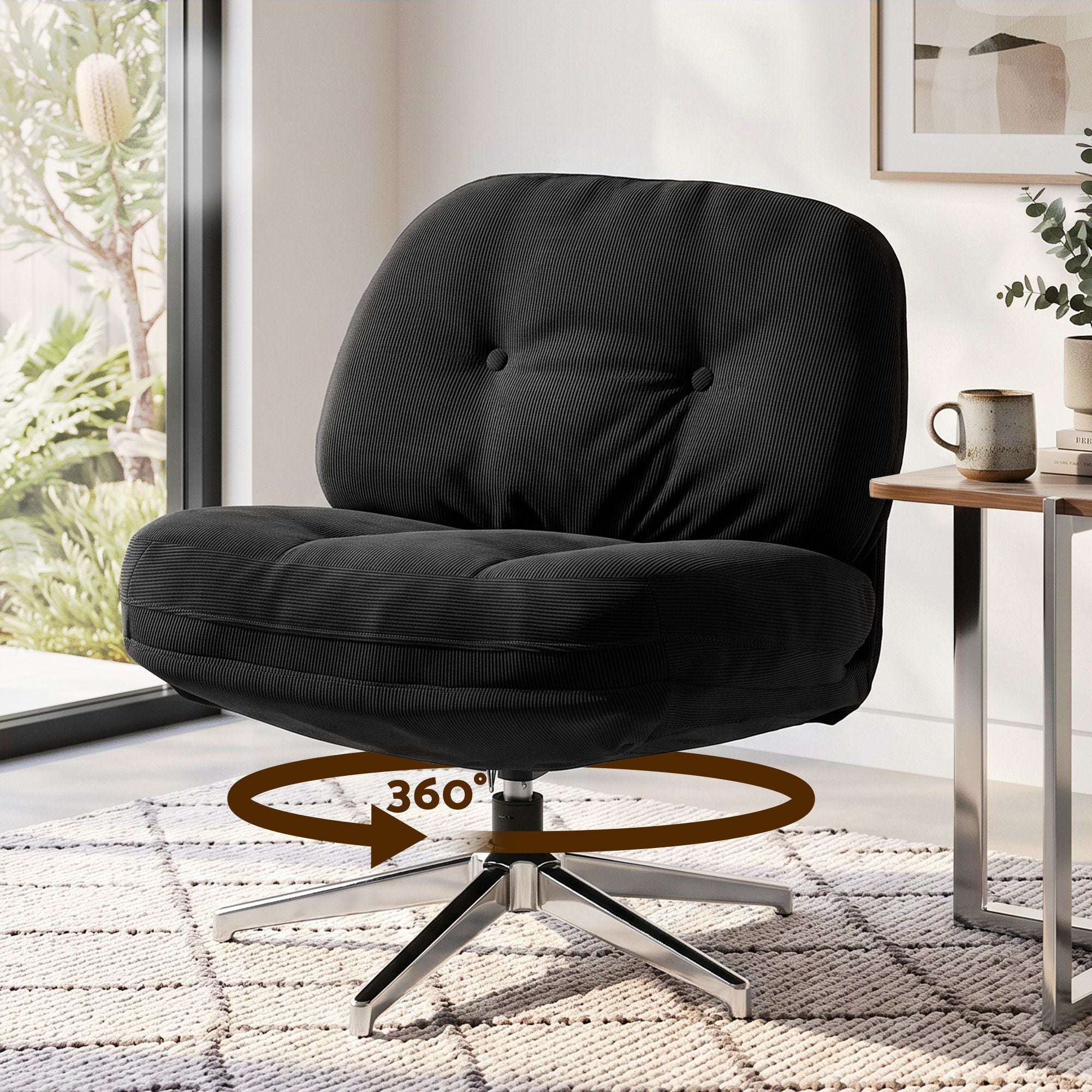 Artiss Swivel Chair Nursing Armchair Lounge Corduroy Steel Star Base Black Bedworld