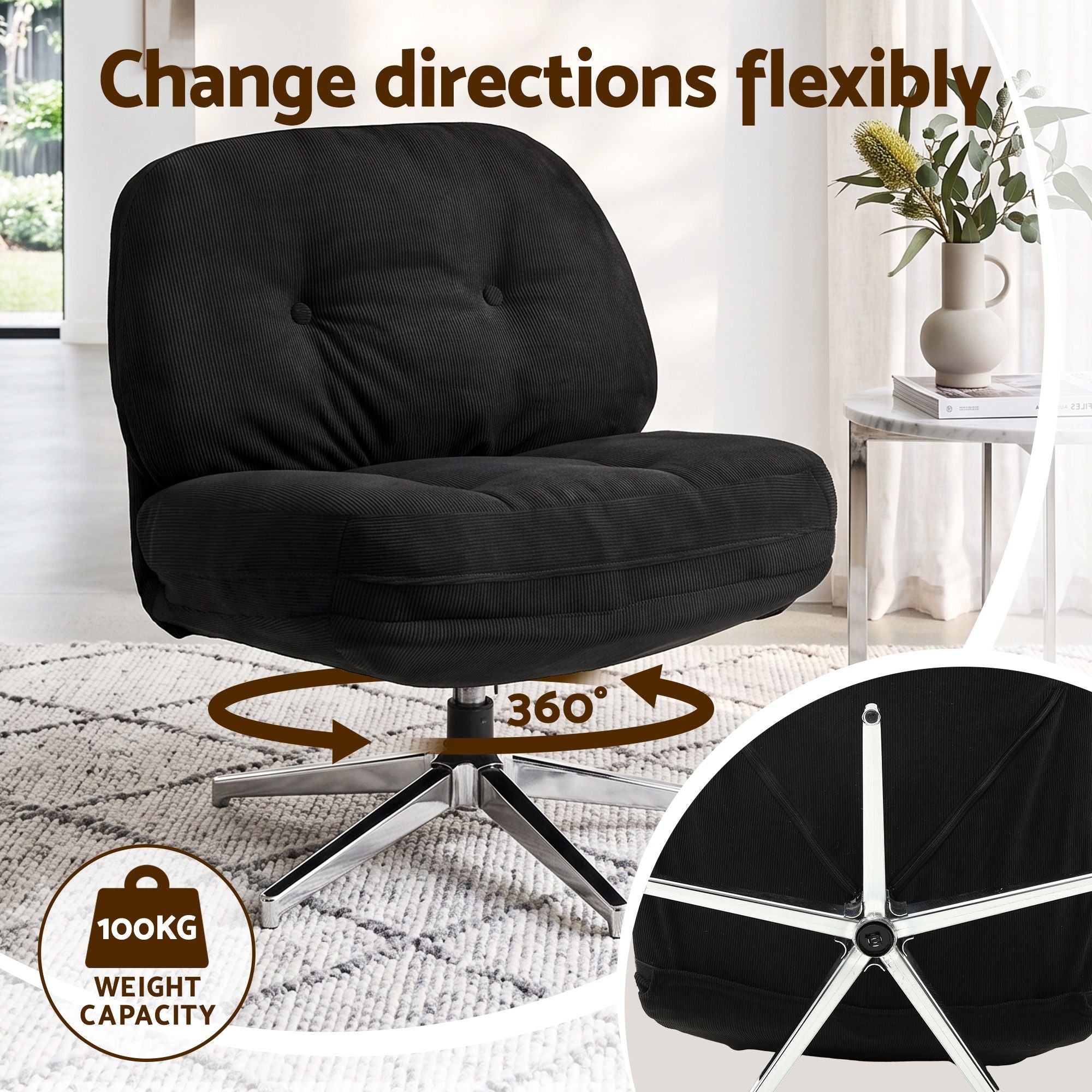 Artiss Swivel Chair Nursing Armchair Lounge Corduroy Steel Star Base Black Bedworld