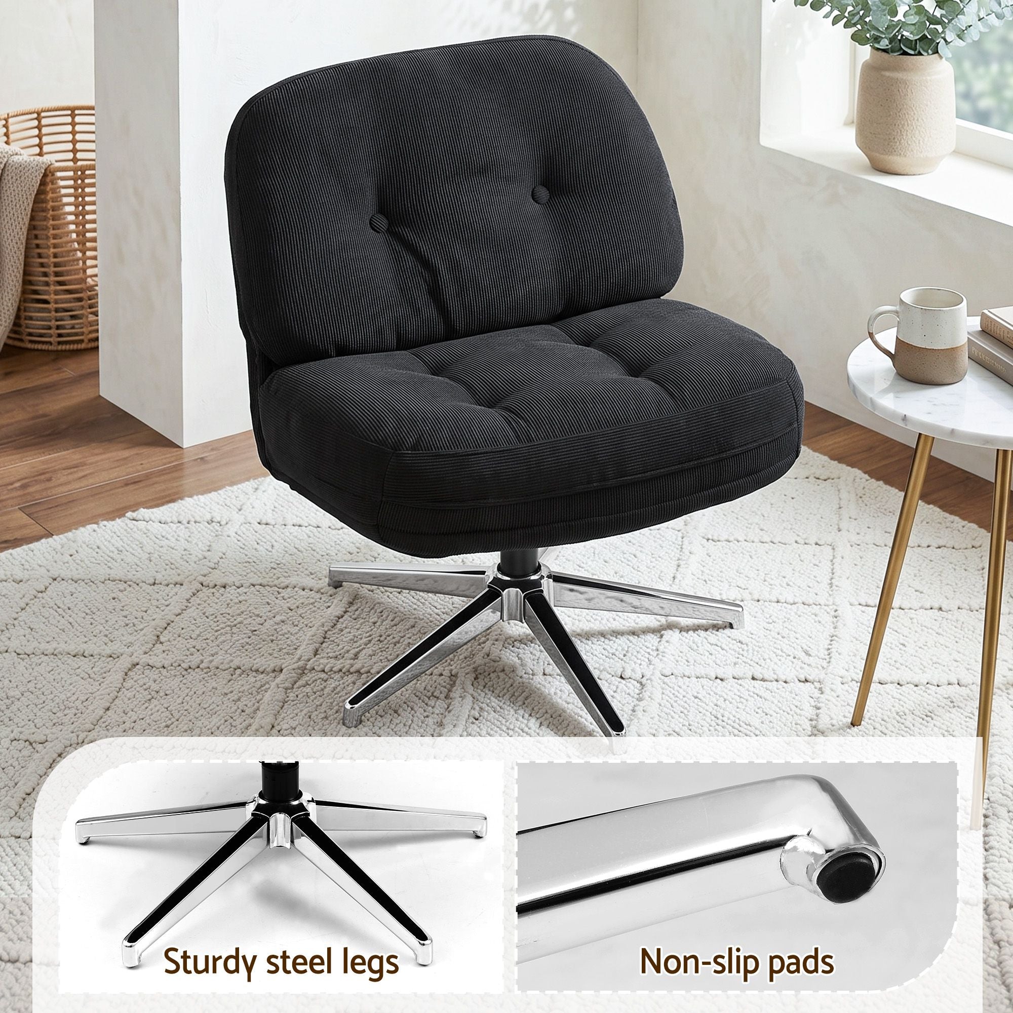 Artiss Swivel Chair Nursing Armchair Lounge Corduroy Steel Star Base Black Bedworld