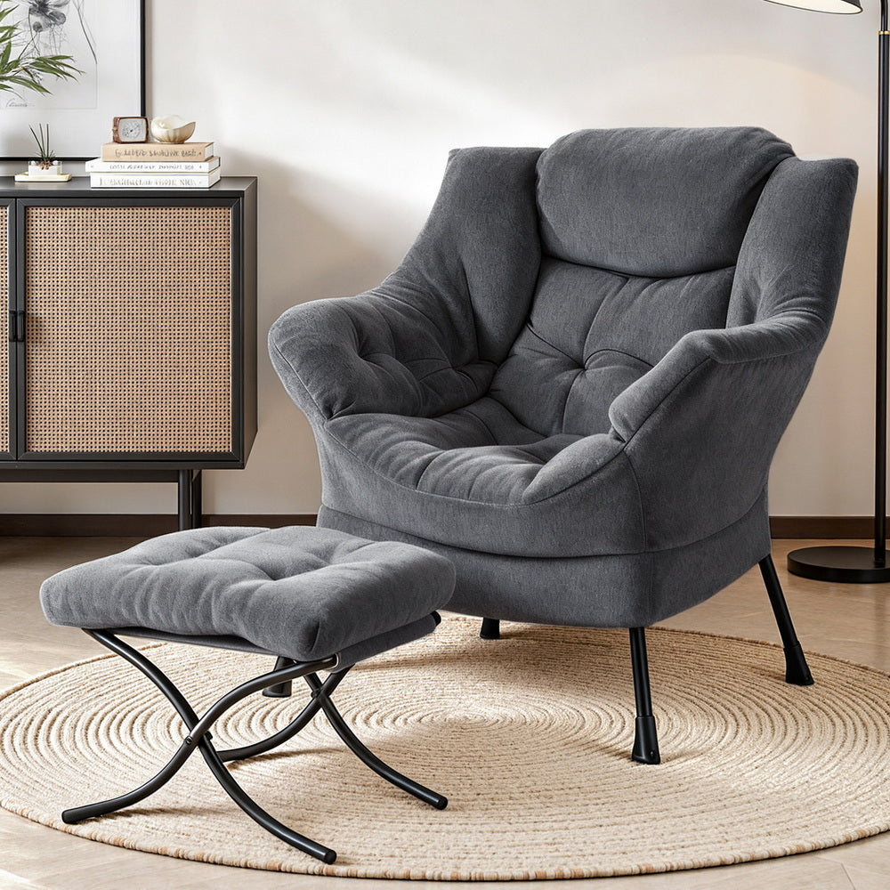 Artiss Armchair Accent Chair Ottoman Lounge Footrest Velvet Grey Bedworld