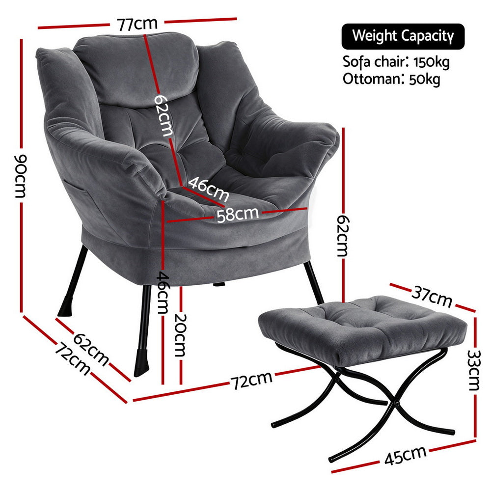 Artiss Armchair Accent Chair Ottoman Lounge Footrest Velvet Grey Bedworld
