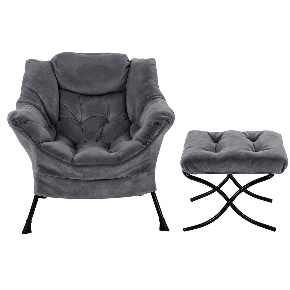 Artiss Armchair Accent Chair Ottoman Lounge Footrest Velvet Grey Bedworld