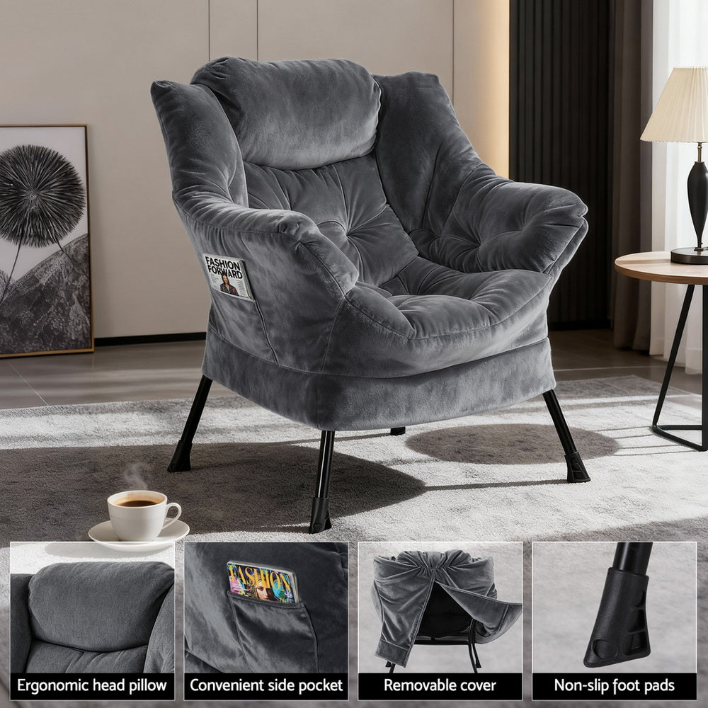 Artiss Armchair Accent Chair Ottoman Lounge Footrest Velvet Grey Bedworld