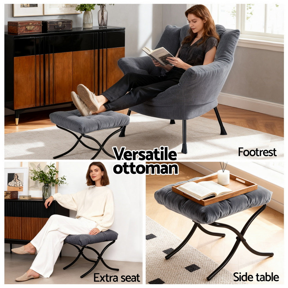 Artiss Armchair Accent Chair Ottoman Lounge Footrest Velvet Grey Bedworld