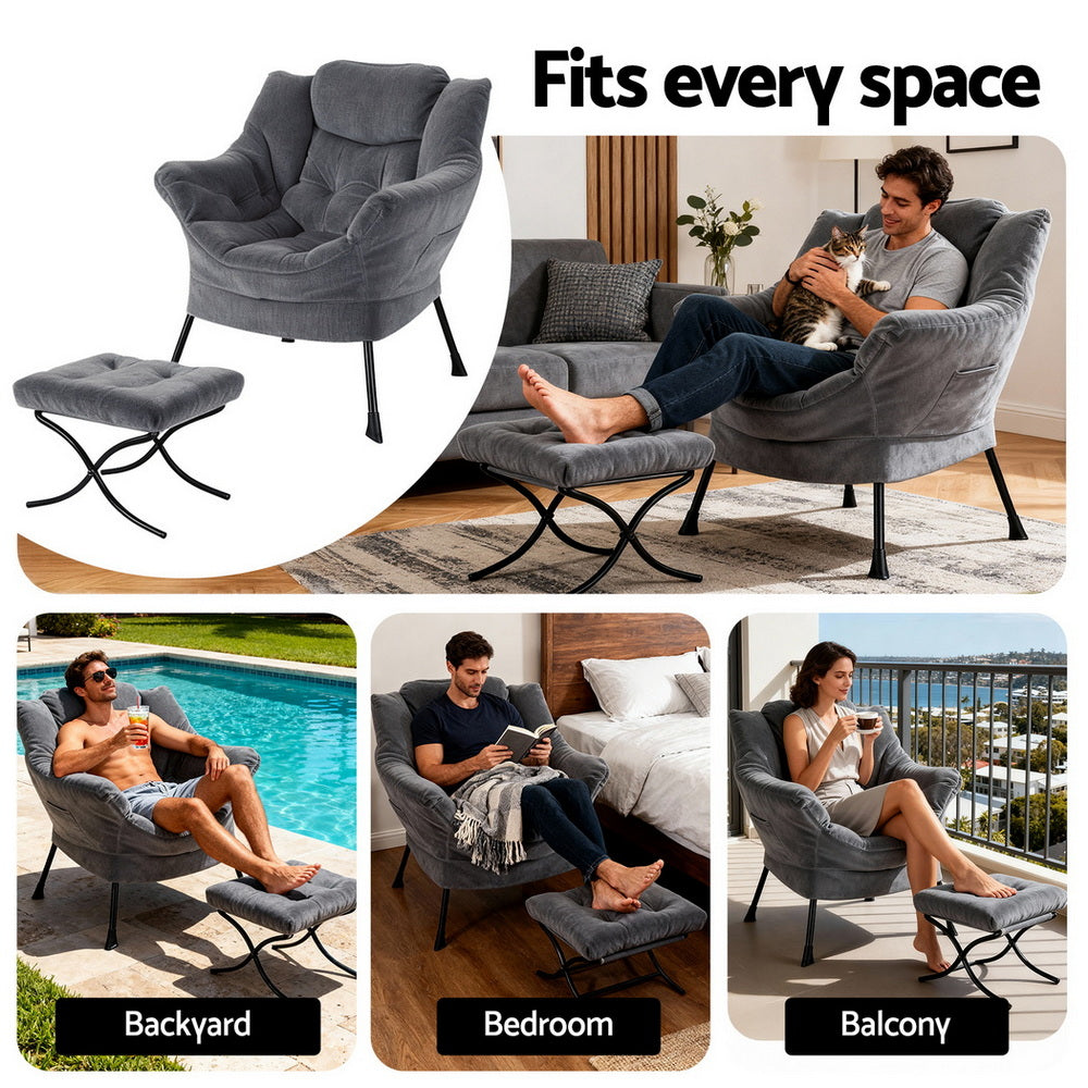 Artiss Armchair Accent Chair Ottoman Lounge Footrest Velvet Grey Bedworld