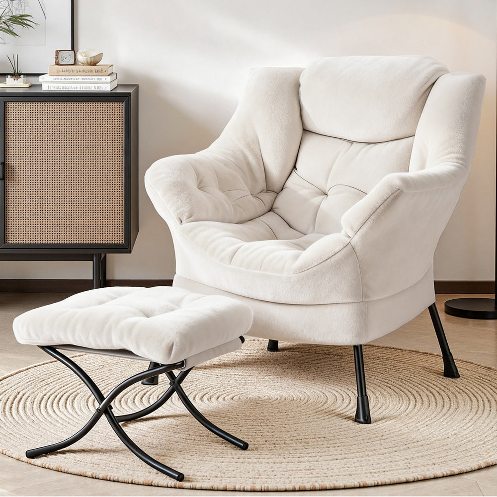 Artiss Armchair Accent Chair Ottoman Lounge Footrest Velvet White Bedworld