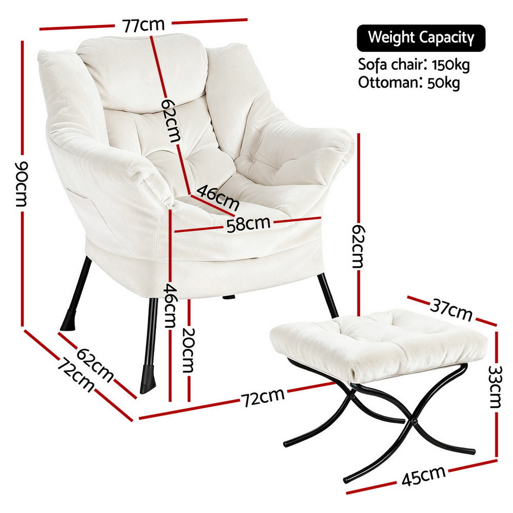 Artiss Armchair Accent Chair Ottoman Lounge Footrest Velvet White Bedworld