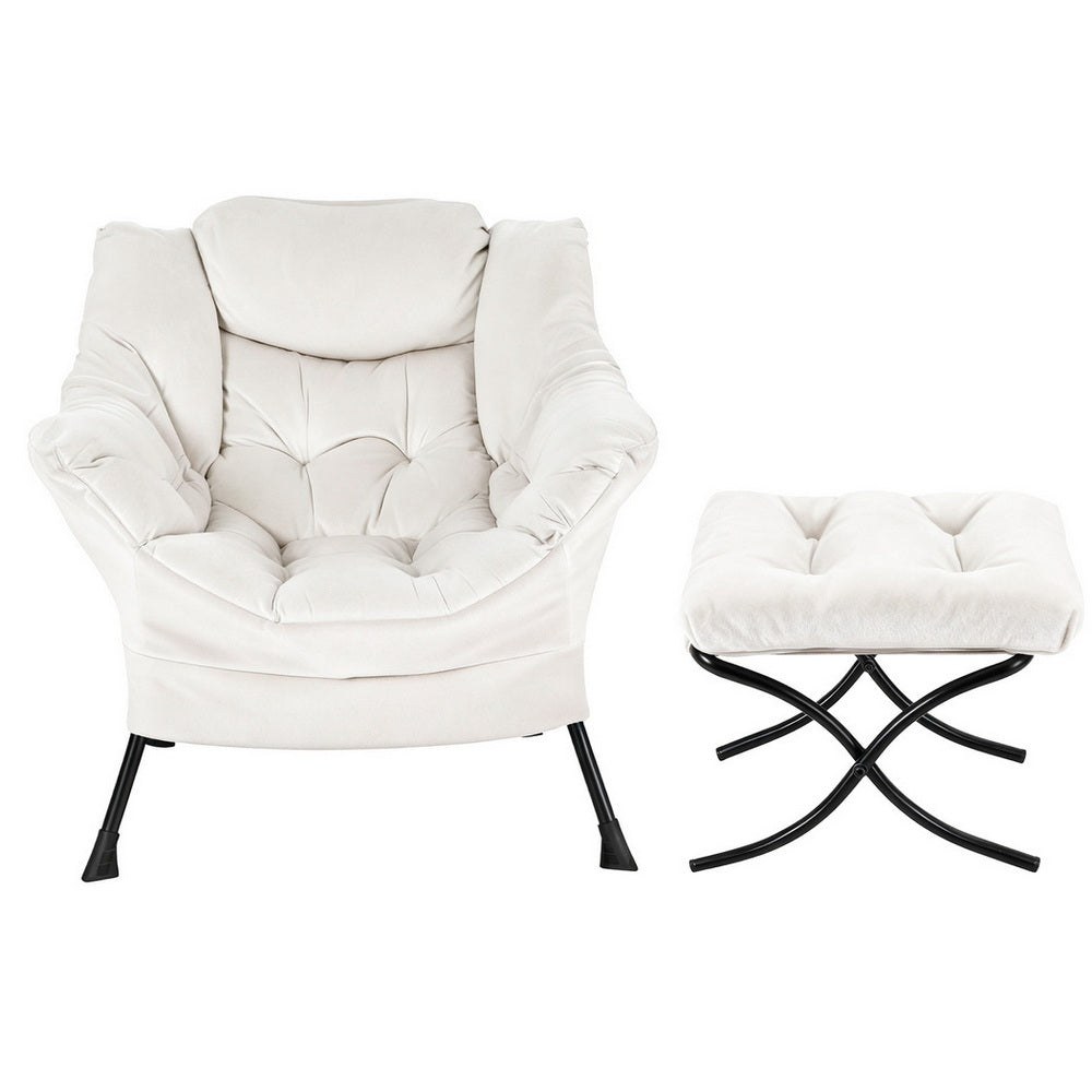 Artiss Armchair Accent Chair Ottoman Lounge Footrest Velvet White Bedworld